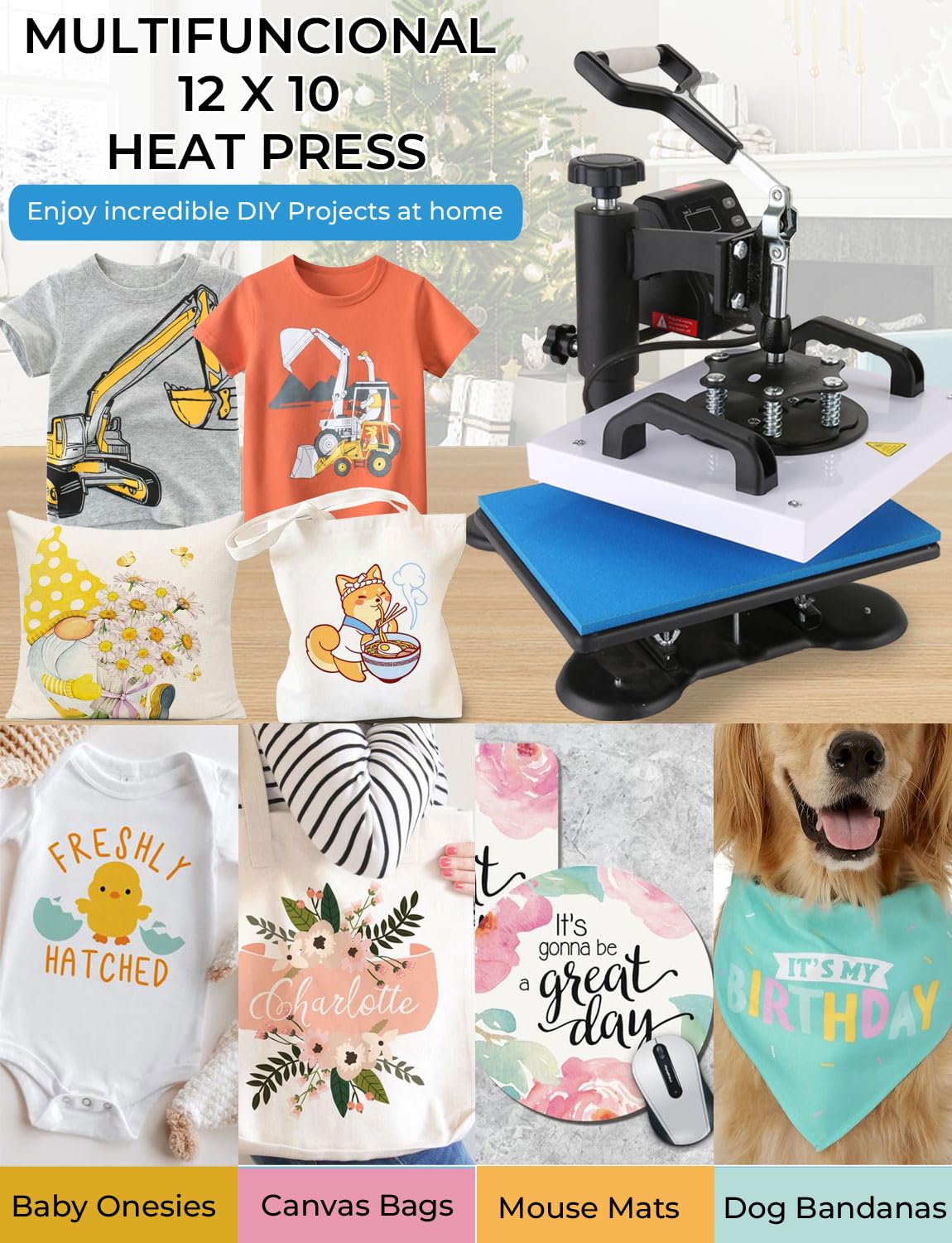 Whubefy 12x10in 650W Digital Heat Press Machine for T-Shirts, Bags, Pillows & Sublimation - Fast Heat-up, Precise Temp Control - Perfect for DIY Crafts & Small Business Printing