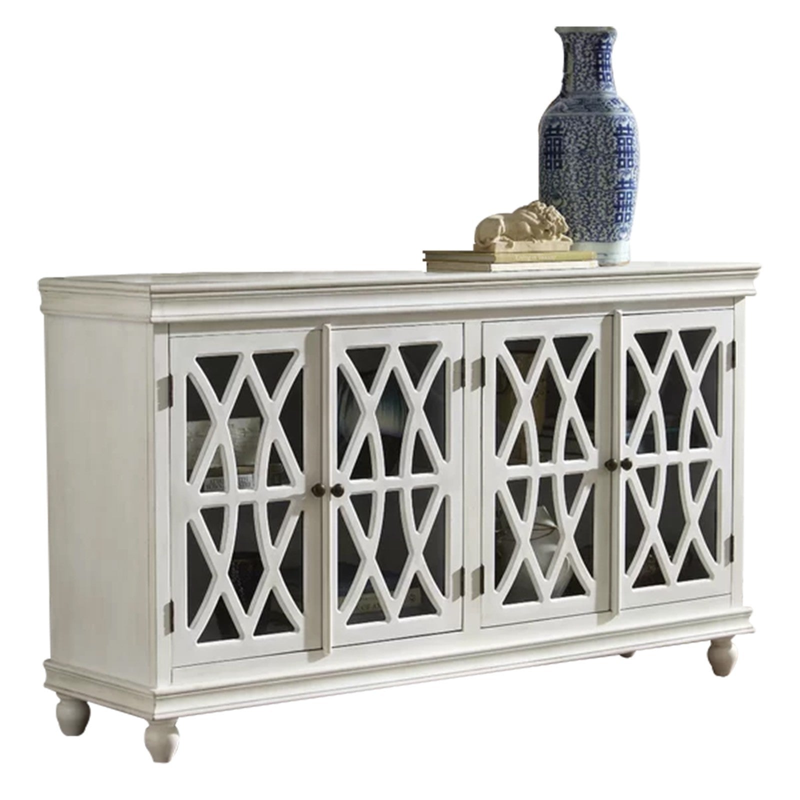 French Arched Hand-Carved Glass Doors Buffet Sideboard - White 180x40x90cm - Elegant Dining Room Storage & Display Cabinet for Home Decor