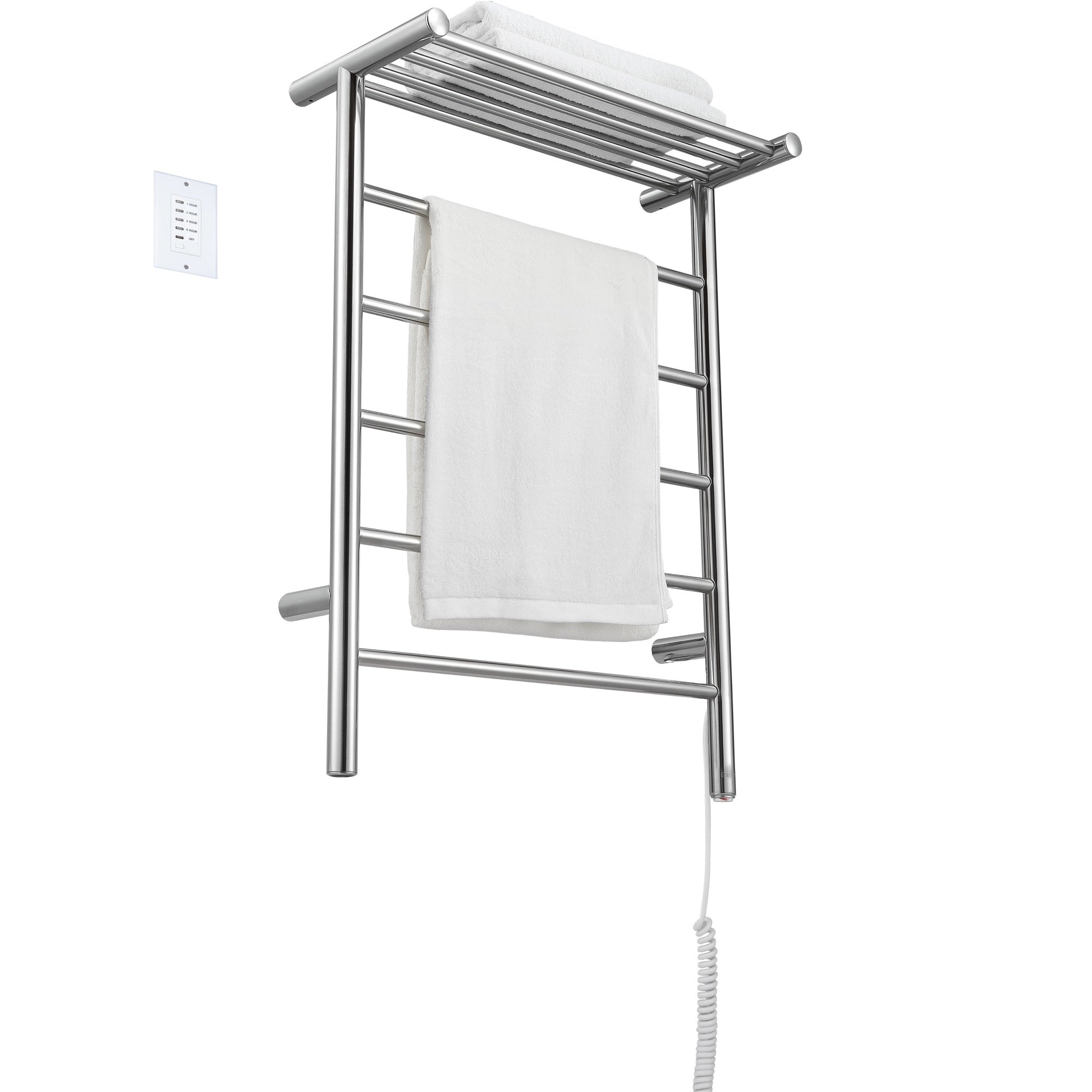 Ancona Miazzo 5 Bar Plug-In & Hardwire Bathroom Towel Warmer with Shelf & Timer - Polished Stainless Steel - Perfect for Spa, Luxury Home & Hotel Bathrooms