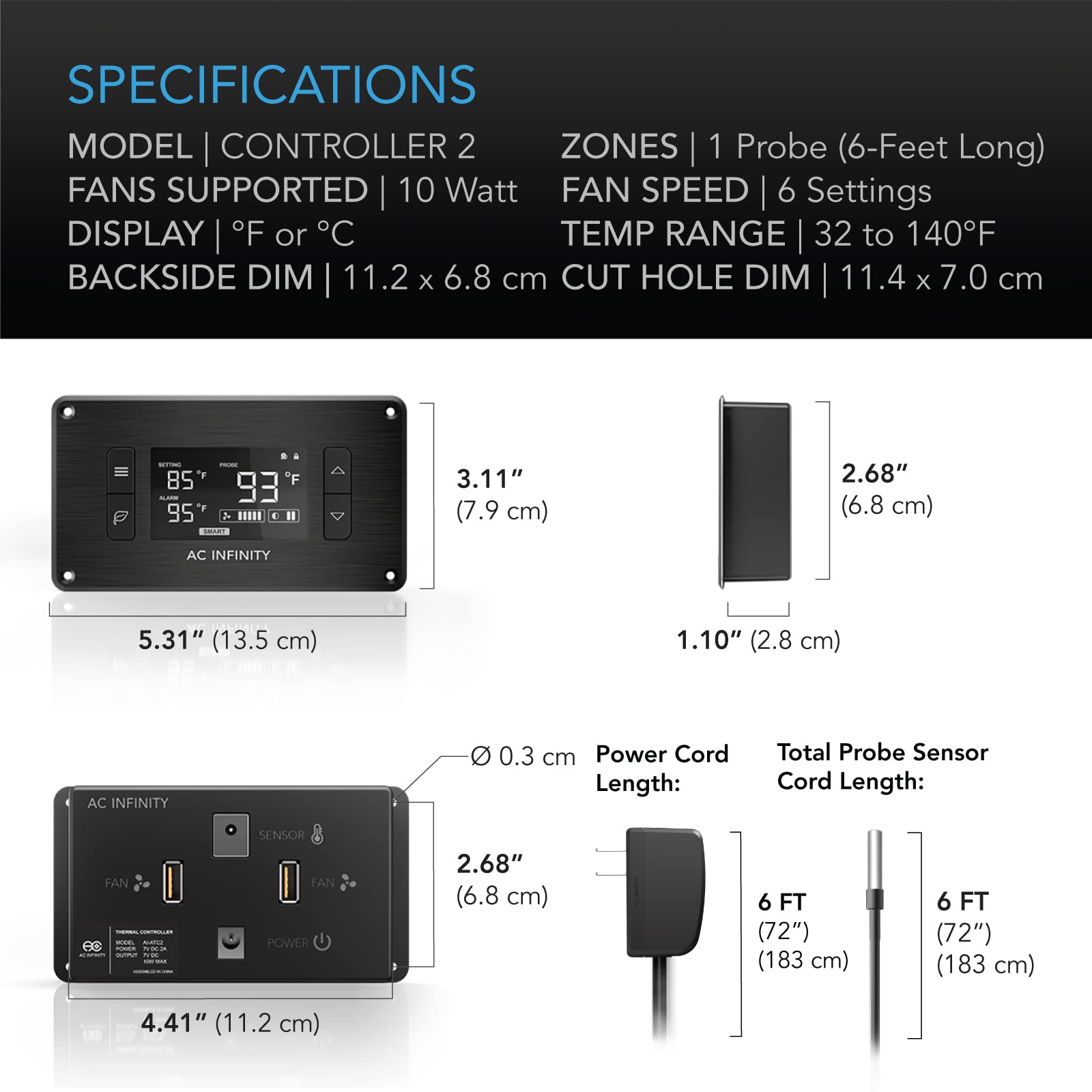 AC Infinity Controller 2 - Thermostat & Fan Speed Controller for Home Theater & AV Cabinets - Perfect for Media Cooling Systems