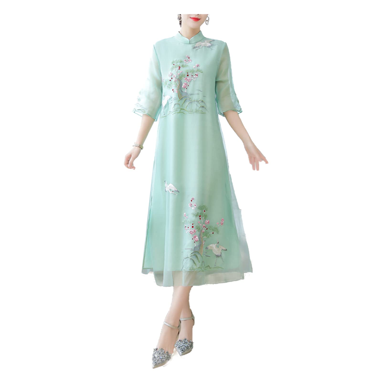 Elegant Chinese Cheongsam Dress for Women - Vintage Floral Embroidery Long Qipao - Perfect for Weddings, Parties & Cultural Events
