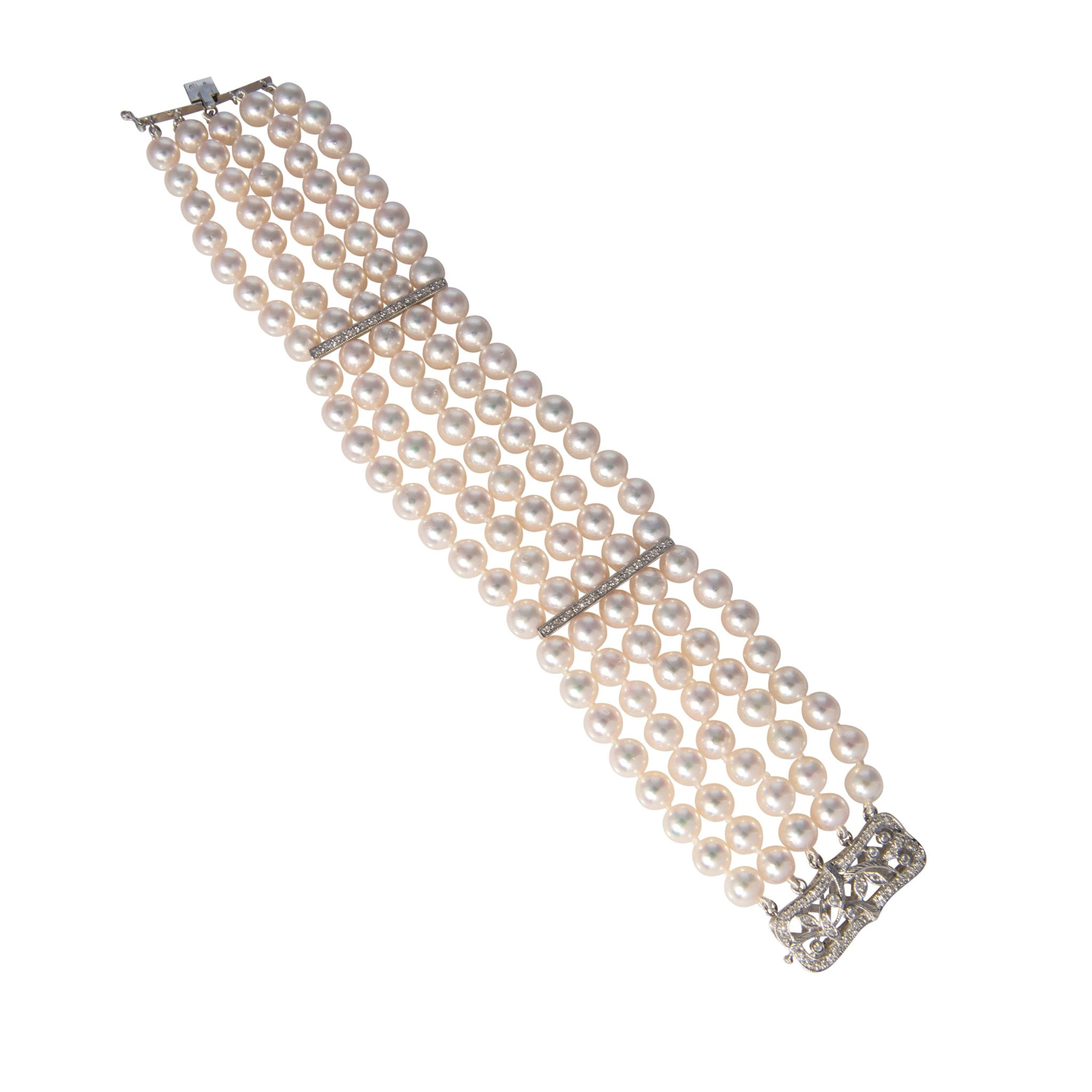 14K White Gold Five Strand Pearl & Diamond Clasp Bracelet - Elegant Jewelry for Weddings, Parties & Special Occasions