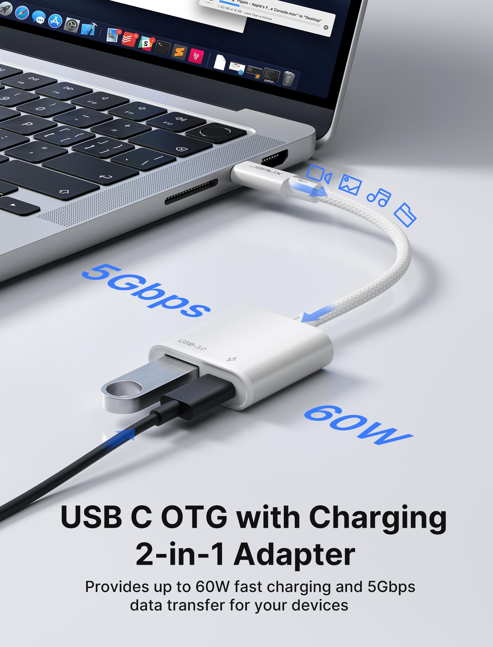 JSAUX USB C to USB OTG & Charger Adapter - 2-in-1 USB C OTG Splitter with 60W PD Fast Charging - Compatible with Chromecast Google TV, iPhone 15 Pro Max, MacBook Pro/Air, Galaxy S24/S23, Pixel 7 - Perfect for Travel, Office & Home Charging Solutions