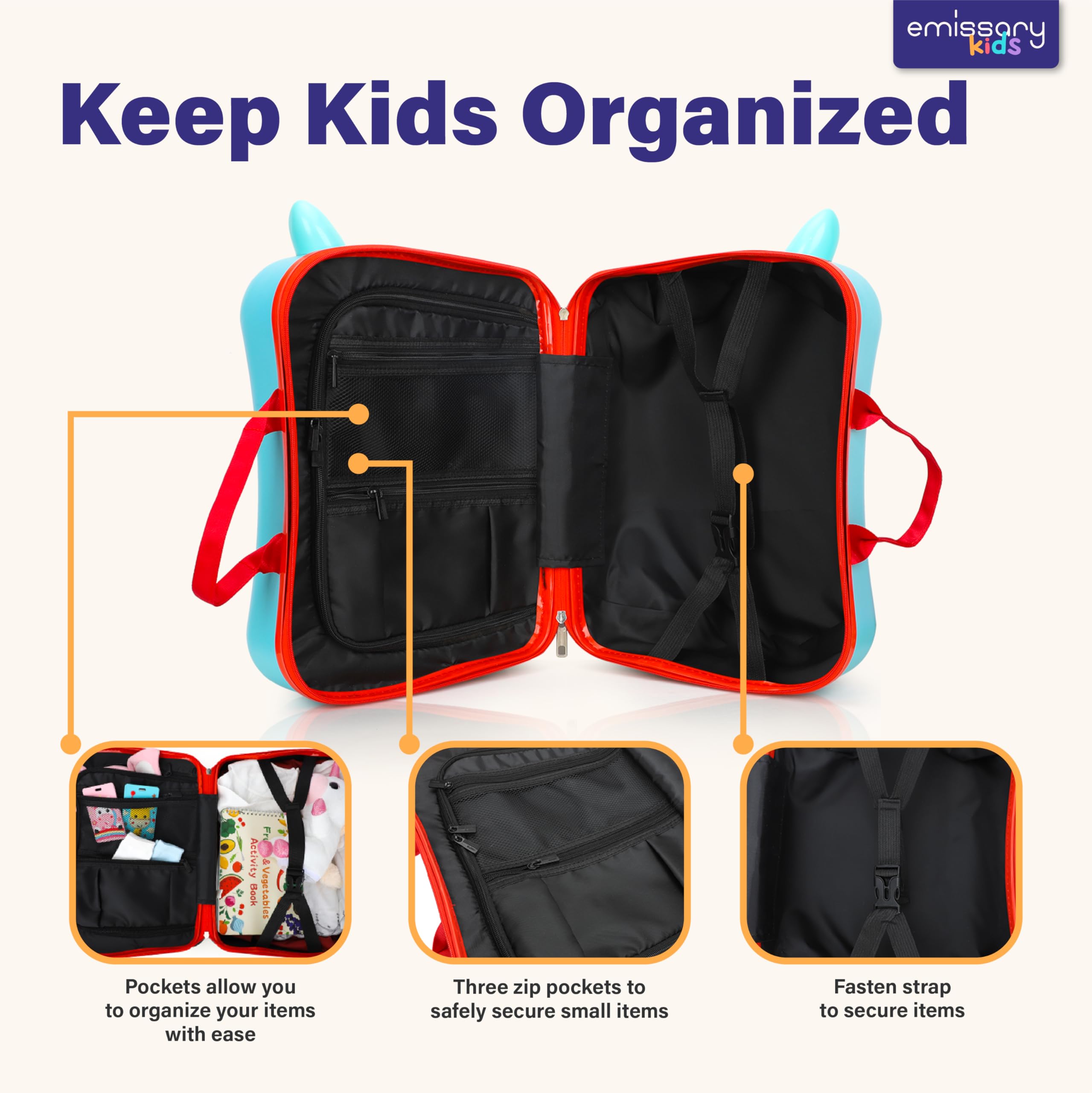 Emissary Kid Rideable Luggage - Toddler Ride-On Suitcase with Backpack Set for Boys & Girls | Airplane Travel Carry-On for Kids | Perfect for Family Vacations & Airport Adventures