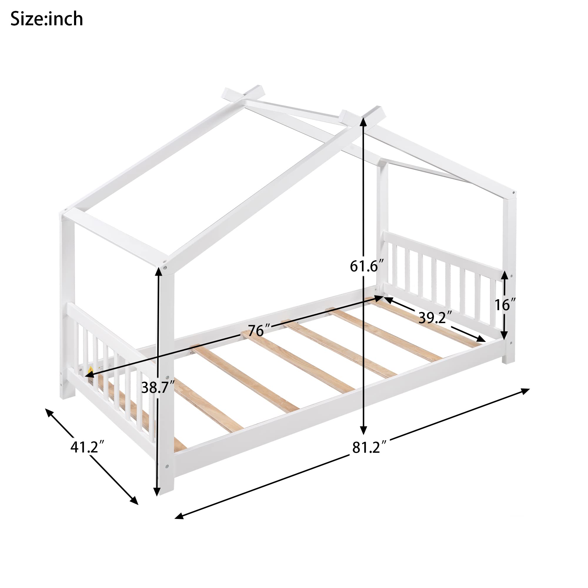 Bellemave Twin House Beds - Wooden Montessori Floor Bed Frame for Kids with Headboard & Footboard, No Box Spring Needed - Perfect for Toddler Rooms, Playrooms & Montessori Classrooms (Twin Size, White)