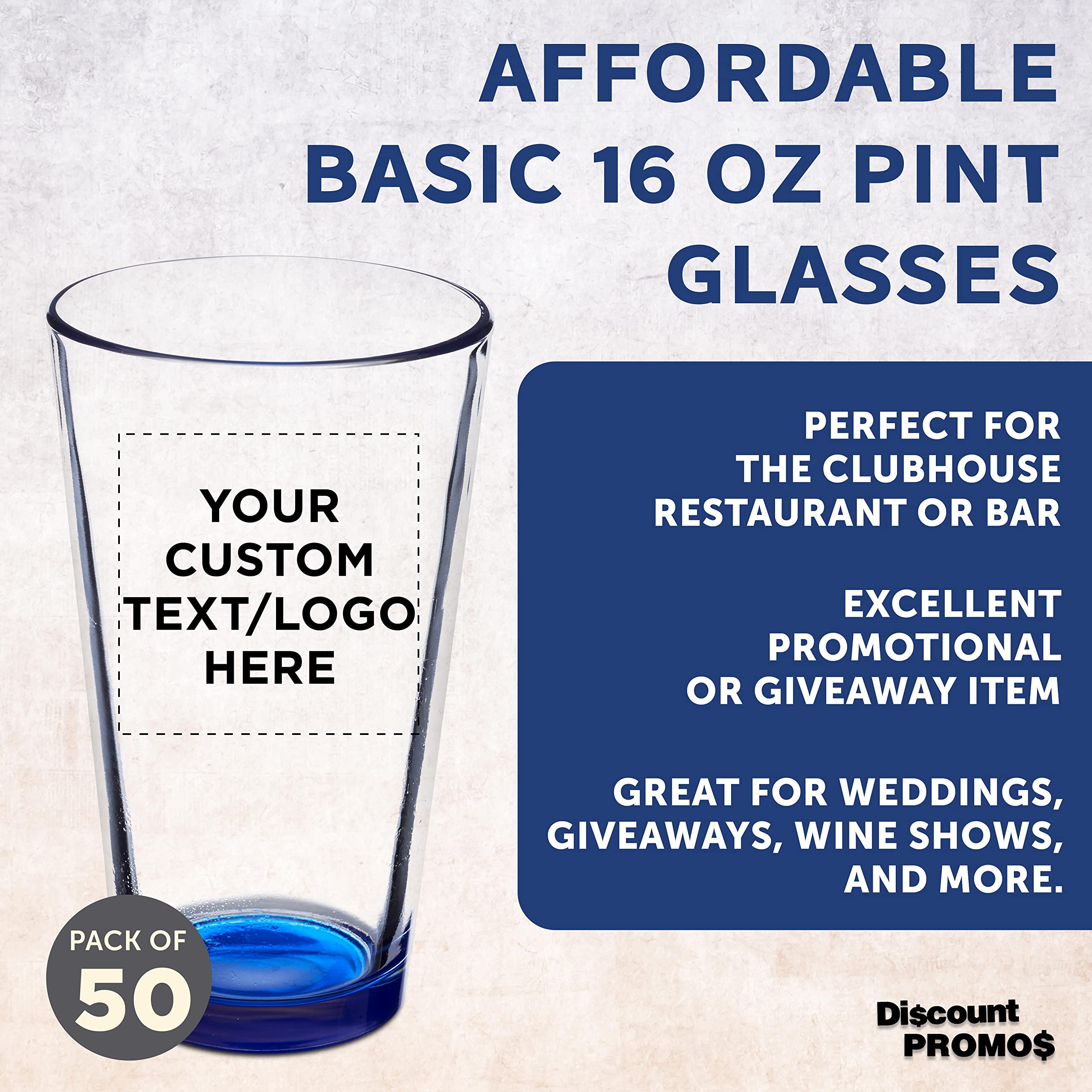 Custom Beer Pint Glasses 16 oz - Set of 50 Bulk Pack | Personalized Bar & Restaurant Glassware with Thick Base & Walls | Durable, Stackable Drinking Glasses for Pubs, Parties & Events (Blue)