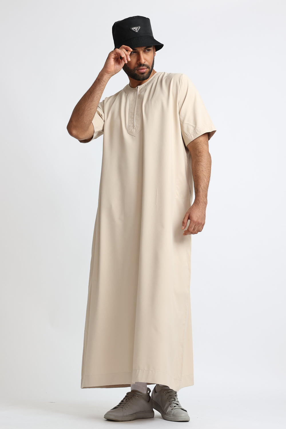 Premium Almond Half Sleeve Thobe for Men - Lightweight Cotton Islamic Prayer Dress - Perfect for Eid, Mosque & Special Occasions