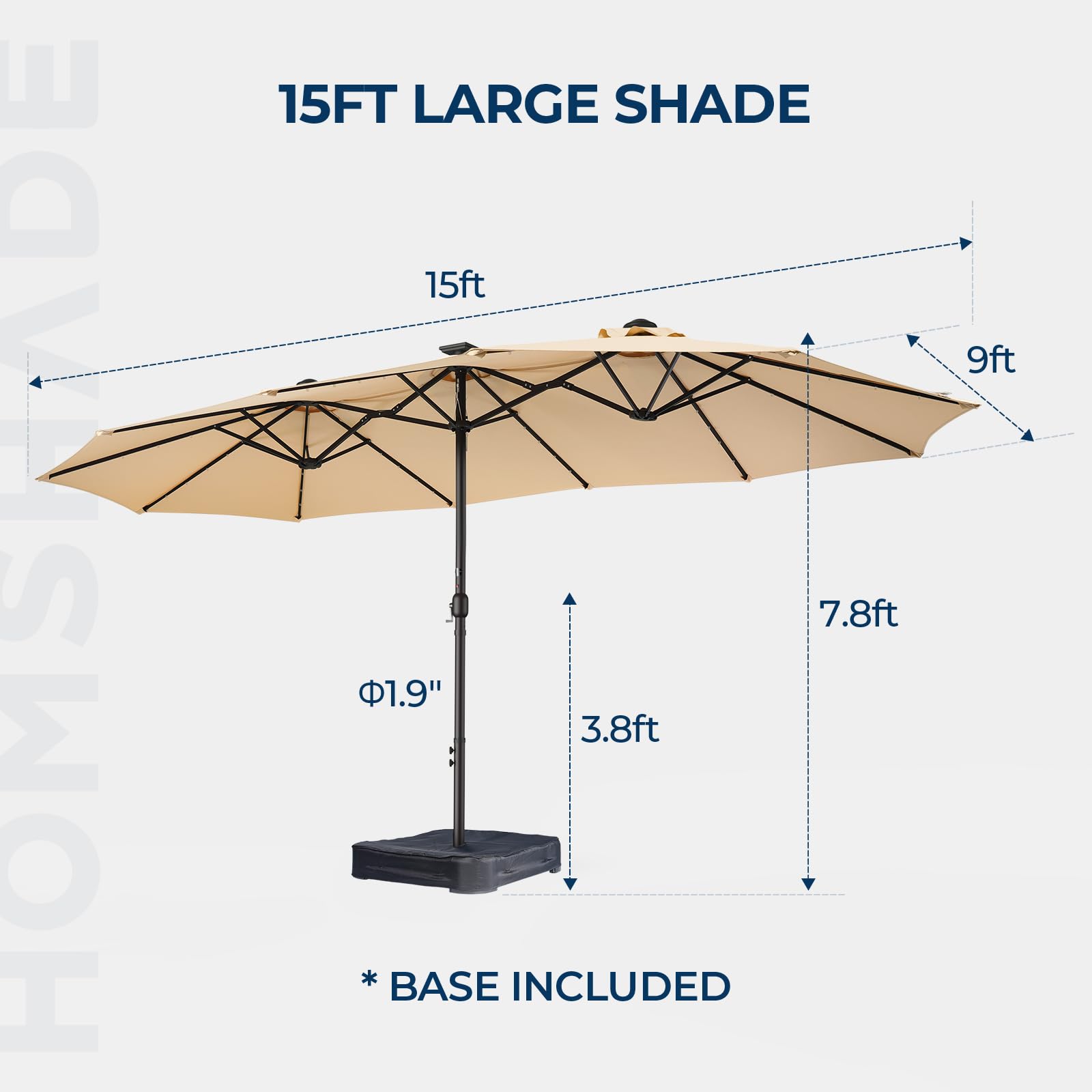 15ft Solar LED Double Sided Patio Umbrella with Base - Extra Large Outdoor Market Table Umbrella for Deck, Pool, Backyard - Perfect for Outdoor Dining, Lounging, and Entertaining (Beige)