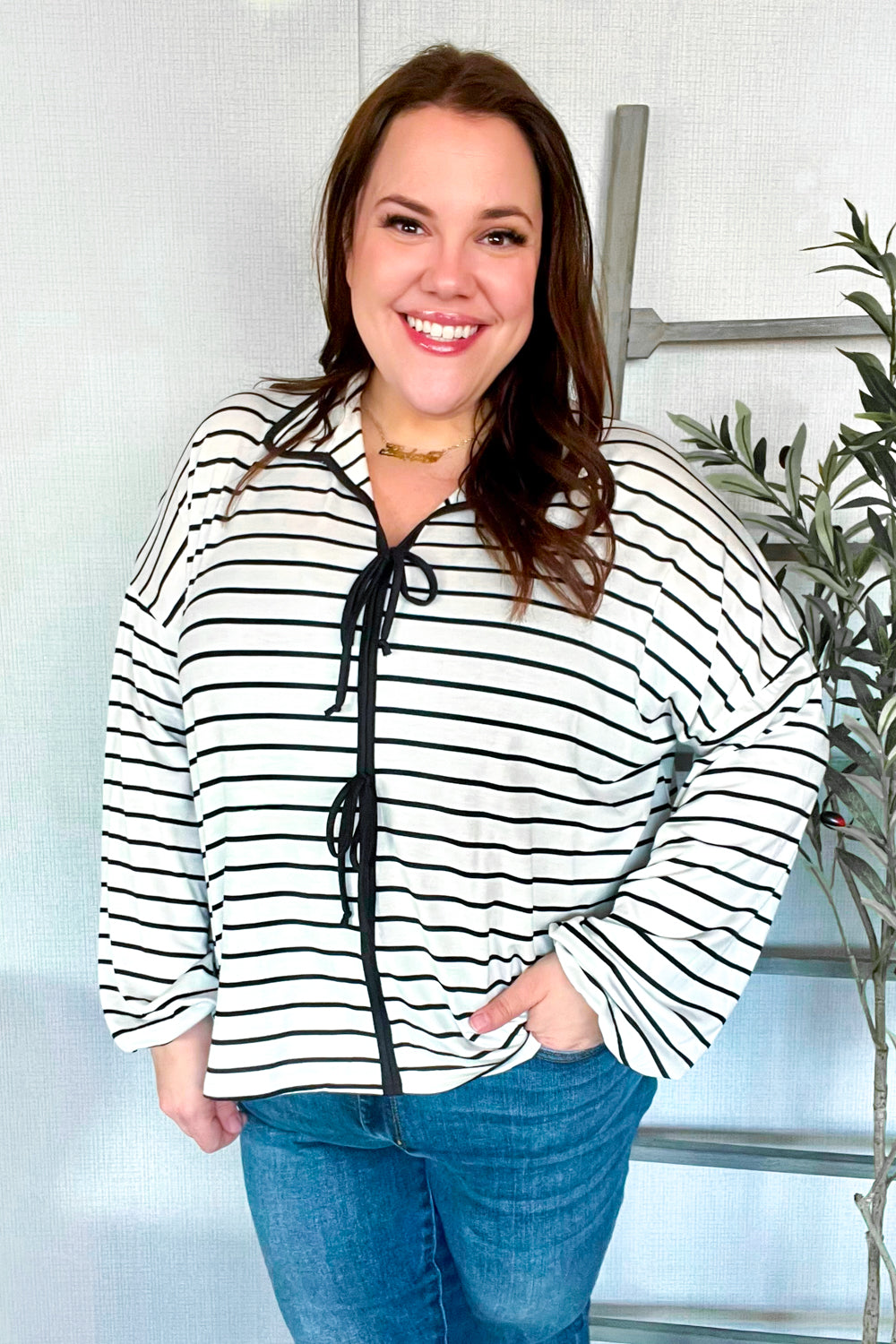 Stylish Black & White Collared Stripe Ribbon Bow Tie Blouse for Women | Elegant Office Wear & Party Outfit | Perfect for Work, Weddings & Special Occasions