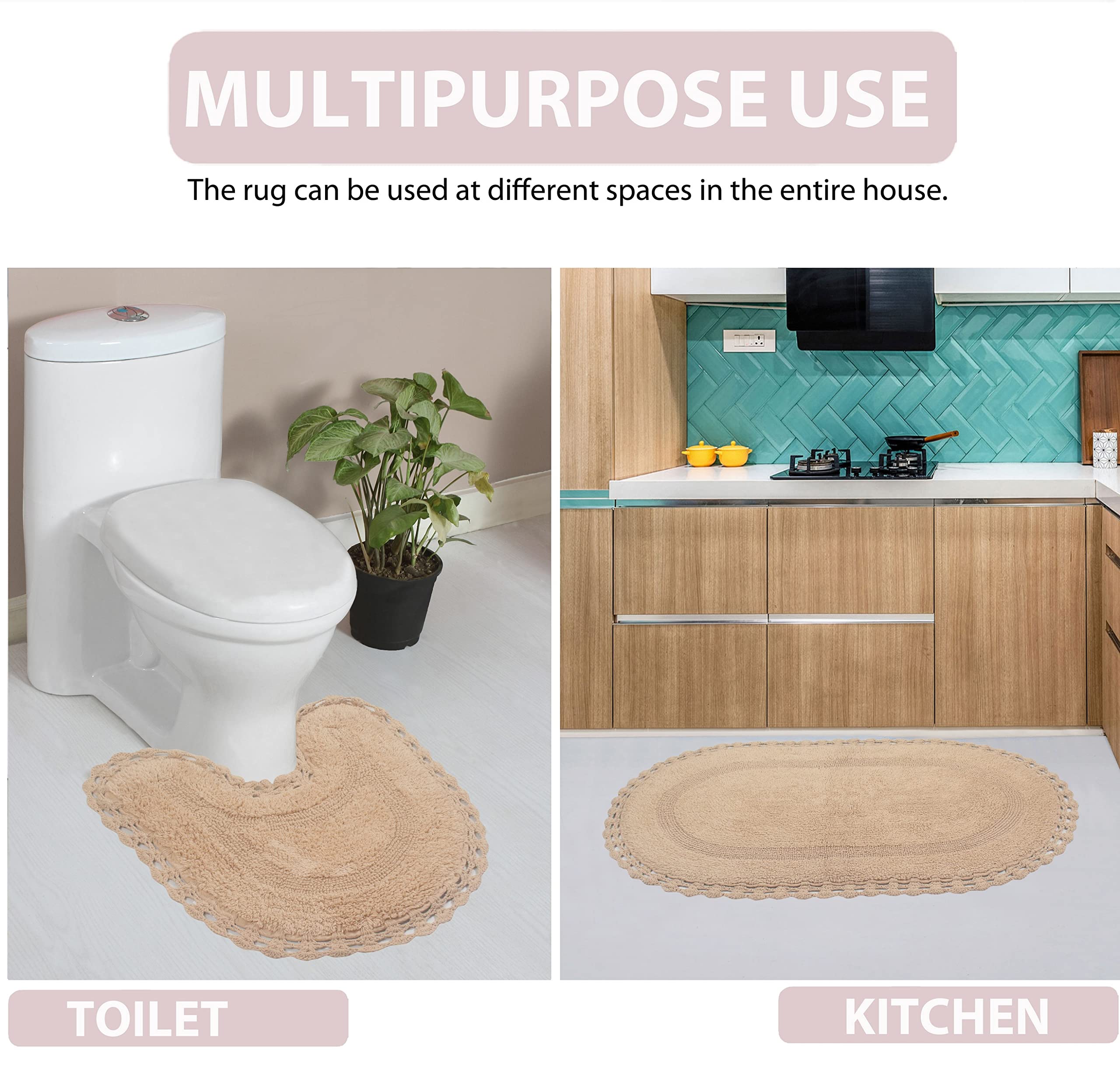 Home Weavers Hampton Reversible Crochet Bath Mat Set - 100% Cotton Washable Bathroom Rug, Ultra Soft & Absorbent Non-Slip Bath Mat for Bathroom & Kitchen, 24