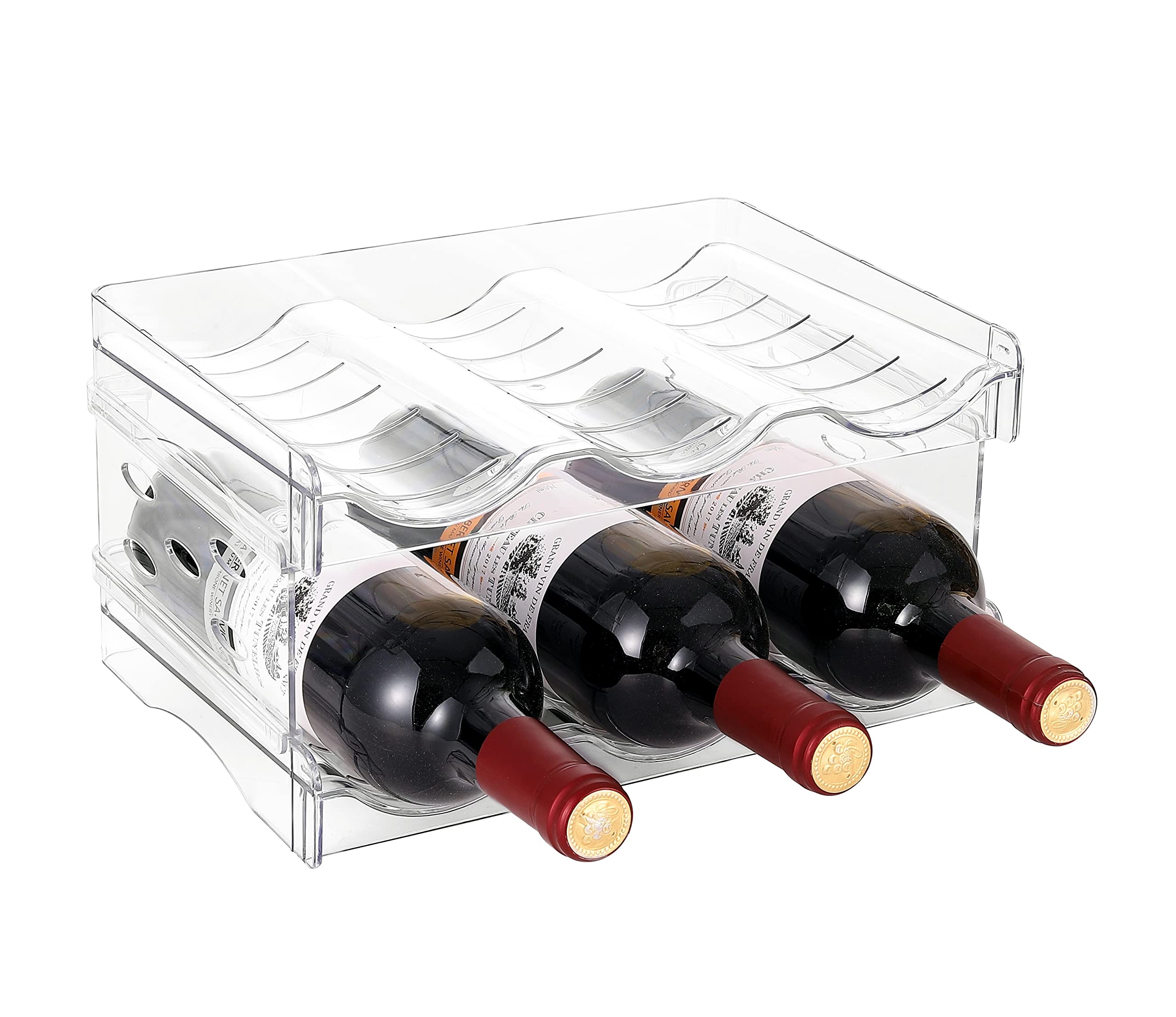 IEEK Plastic Stackable Bottle Storage Rack - 2 Pack Organizer Shelf for Water Bottles, Wine & Drinks - Space-Saving Solution for Kitchen, Fridge, Pantry, Countertop & Freezer - Holds 3 Bottles Each - Clear (Perfect for Small Spaces & Beverage Organization)