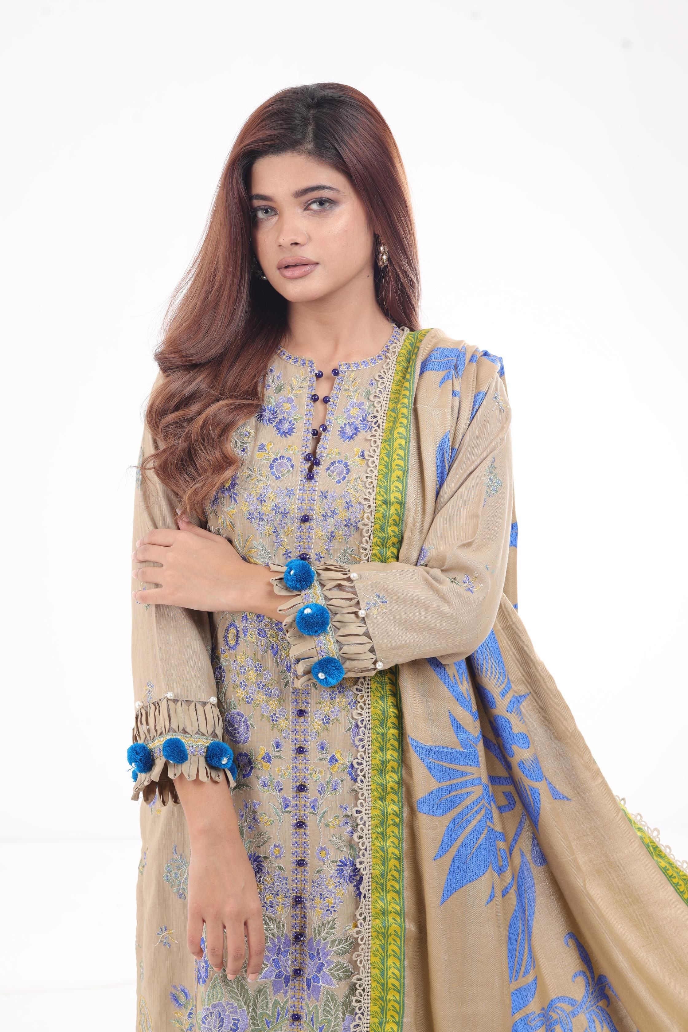 Sana Safinaz Muzlin Winter Embroidered Lawn Suit - Premium Stitched Pakistani Dress for Women - Perfect for Weddings, Parties & Festive Occasions