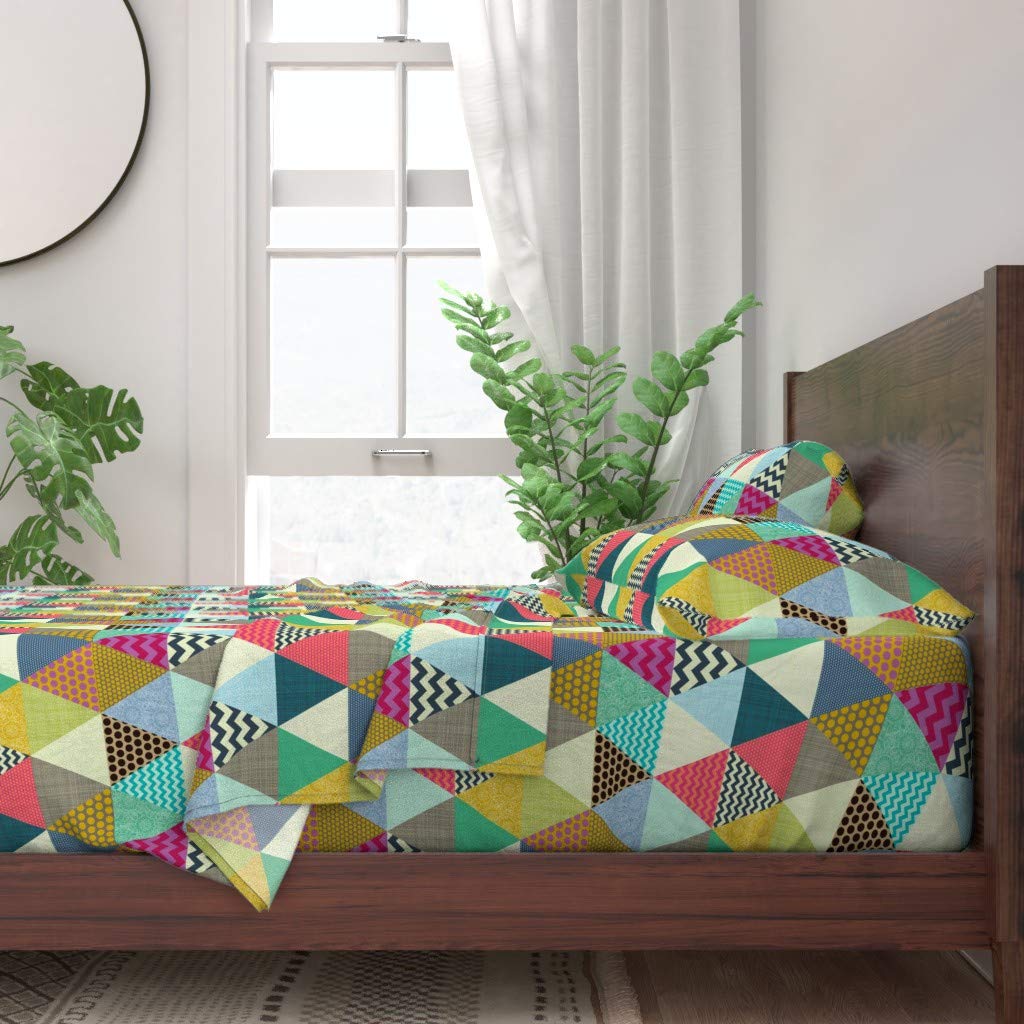 100% Cotton Twin Sheet Set 3pc - Boho Geometric Chevron Floral Print Bedding for Custom Quilt & Wholecloth Top | Soft & Breathable for Cozy Sleep | Perfect for Boho, Vintage & Modern Bedroom Decor