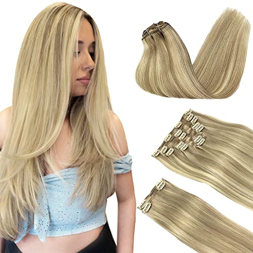 Doores 24 Inch Clip in Hair Extensions - 9pcs 150g Light Blonde Highlighted Golden Blonde Real Human Hair Remy Clip-ins | Silky Straight Natural Hair Extensions for Daily Styling, Parties & Special Occasions