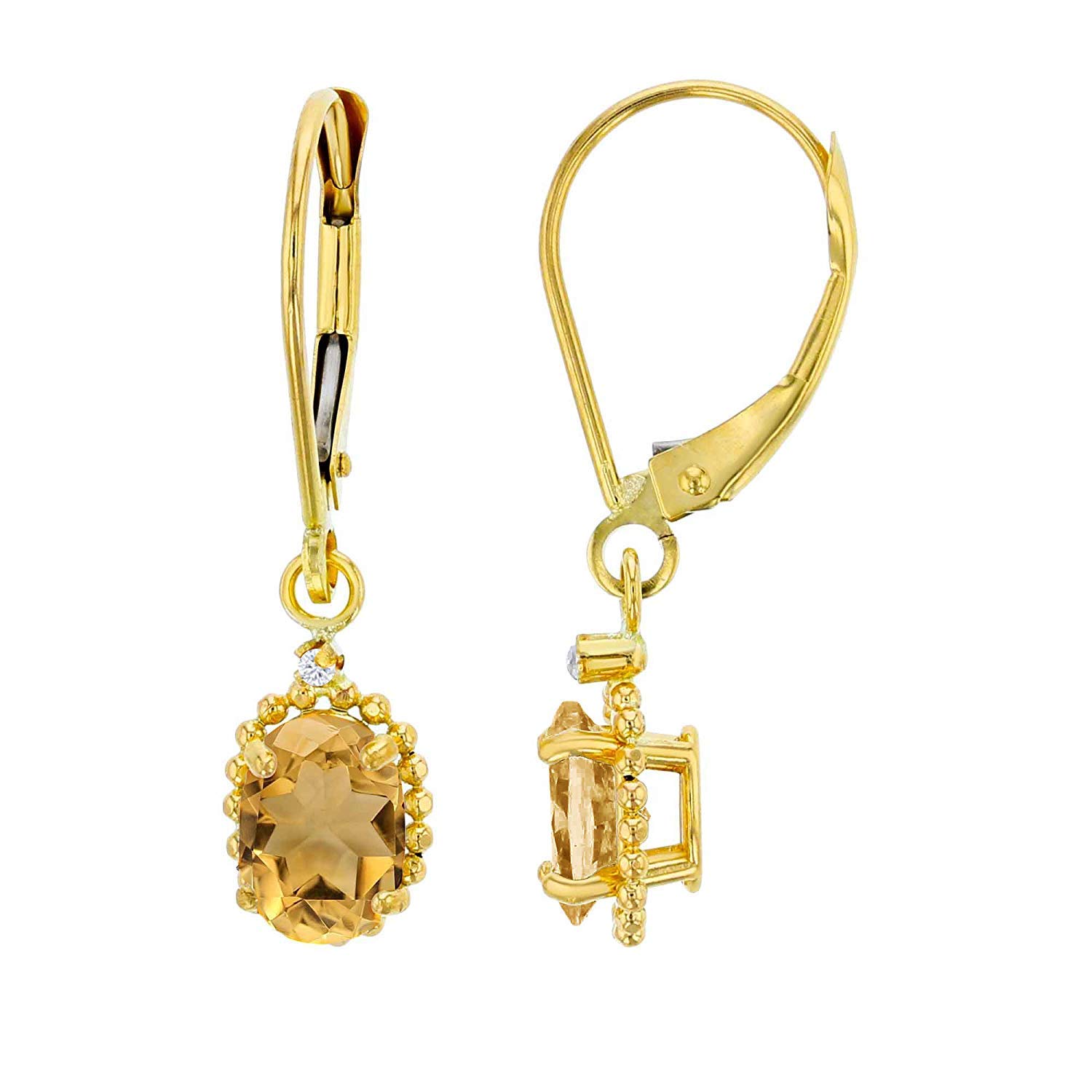 14K Solid Gold Round White Topaz & Oval Gemstone Birthstone Leverback Earrings for Women | 1.25mm Bead Frame in Yellow, White & Rose Gold | Genuine 6x4mm Birthstone Jewelry | Perfect for Gifts, Anniversaries & Special Occasions