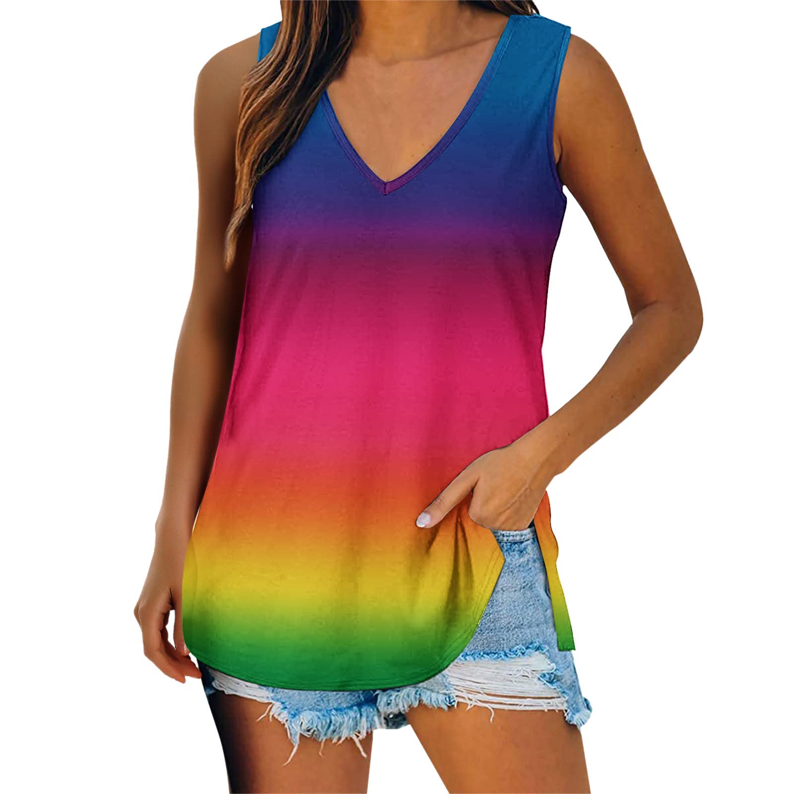 Women's White Tie Dye Gradient Stripes V-Neck Sleeveless Camisole Top - Casual Summer Tank Shirt for Beach, Lounge & Layering