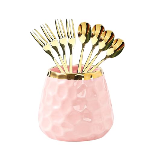 Pink Ceramic Jar+4 Spoons+4 Forks