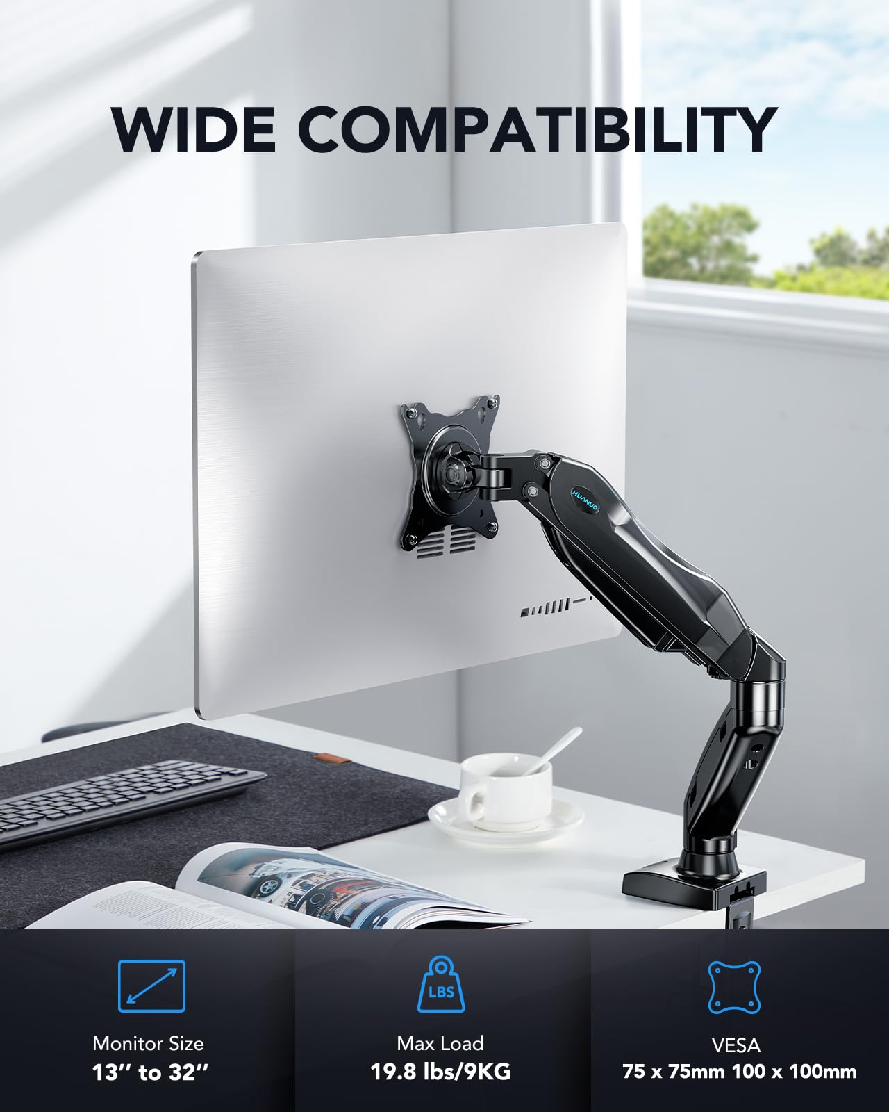 HUANUO Single Monitor Mount for 32 & 35 Inch Screens - Adjustable VESA Desk Stand with Tilt, Swivel & Height Adjustment - Perfect for Home Office, Gaming & Workspace Setup