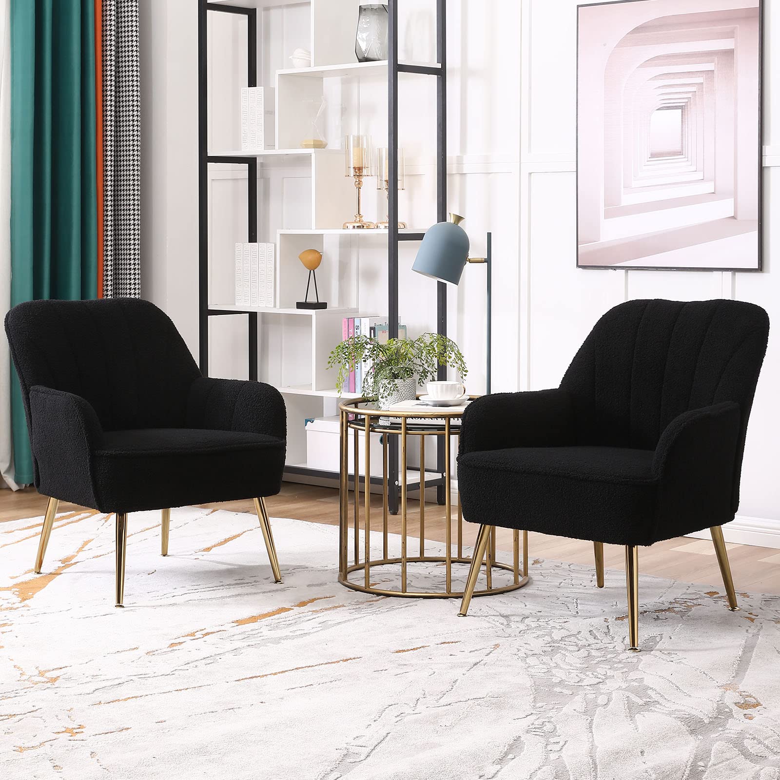 Modern Accent Chair Set of 2 - Plush Teddy Furry Upholstered Armchairs with Sherpa Fabric & Gold Metal Legs, Comfy Living Room Chairs for Reading Nook, Bedroom Seating or Home Office (Black) - Perfect for Cozy Lounging, Relaxation & Stylish Home Decor