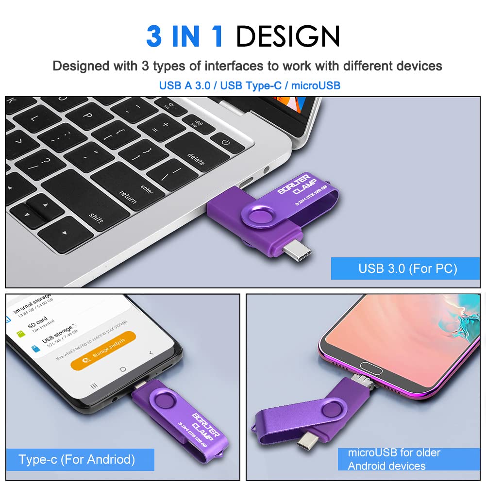 512GB 3-in-1 OTG Flash Drive for Android, USB-C/Micro/USB-A - Photo Storage for Phones, Tablets & PC (Purple)