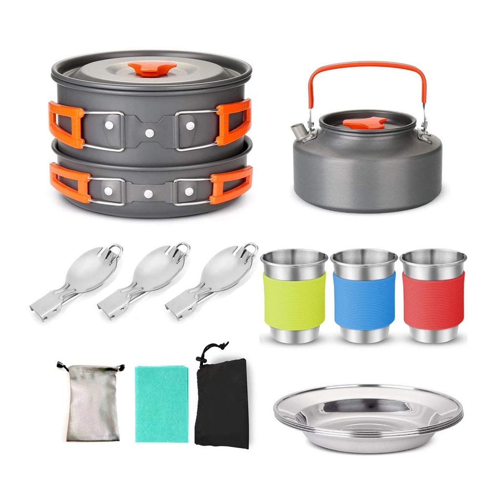 **Portable Camping Cookware Set - Stainless Steel Pot, Pan, Kettle, Cup & Spoon with Carry Bag - Outdoor Picnic & Backpacking Gear for Hiking, Travel & Adventure**
