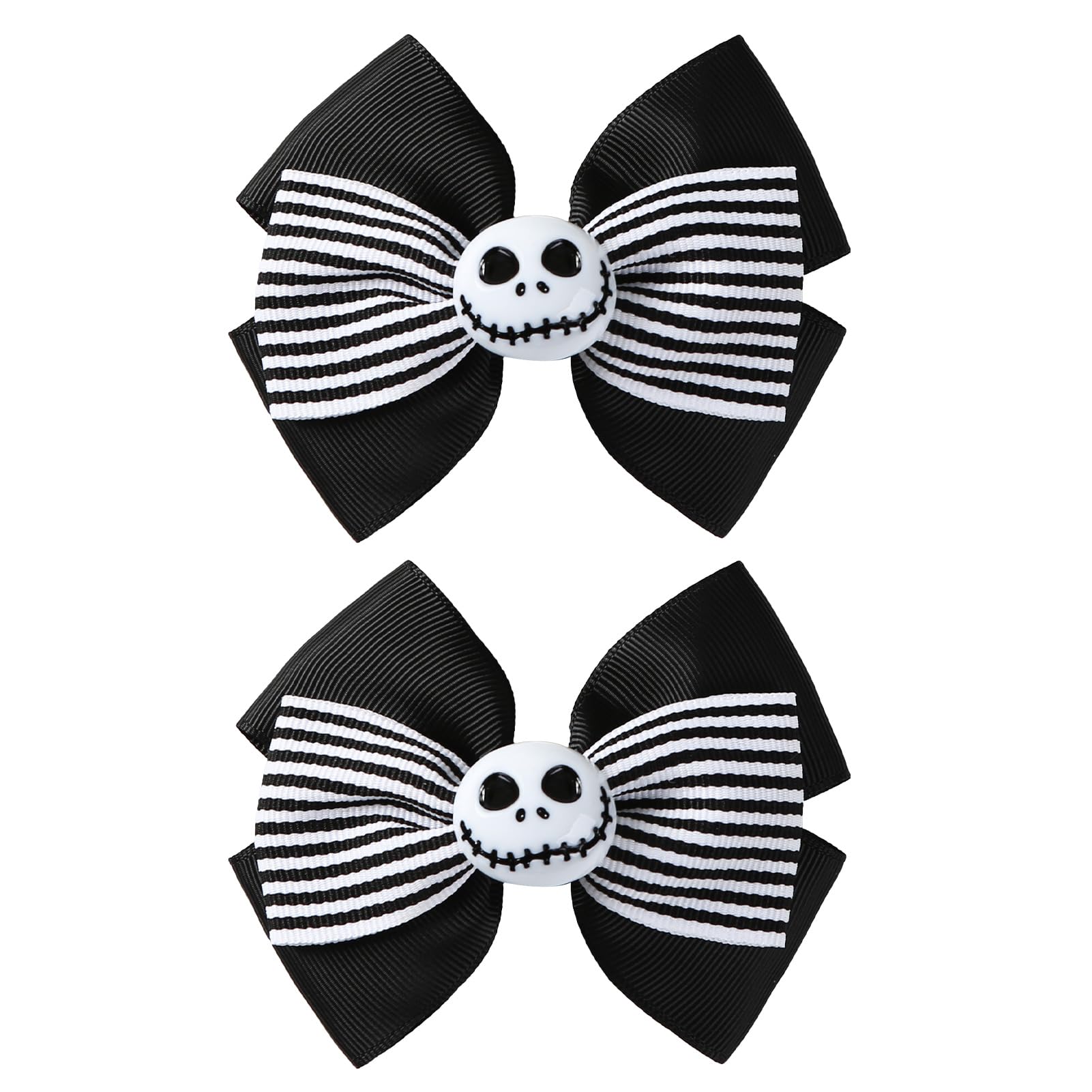 2Pcs Black and White Striped Ghost Skull Hair Bows - Halloween Hair Clips for Women, Christmas Costume Accessories & Party Decorations (Perfect for Jack Skellington Costume, Gothic Fashion, and Spooky Themed Events)