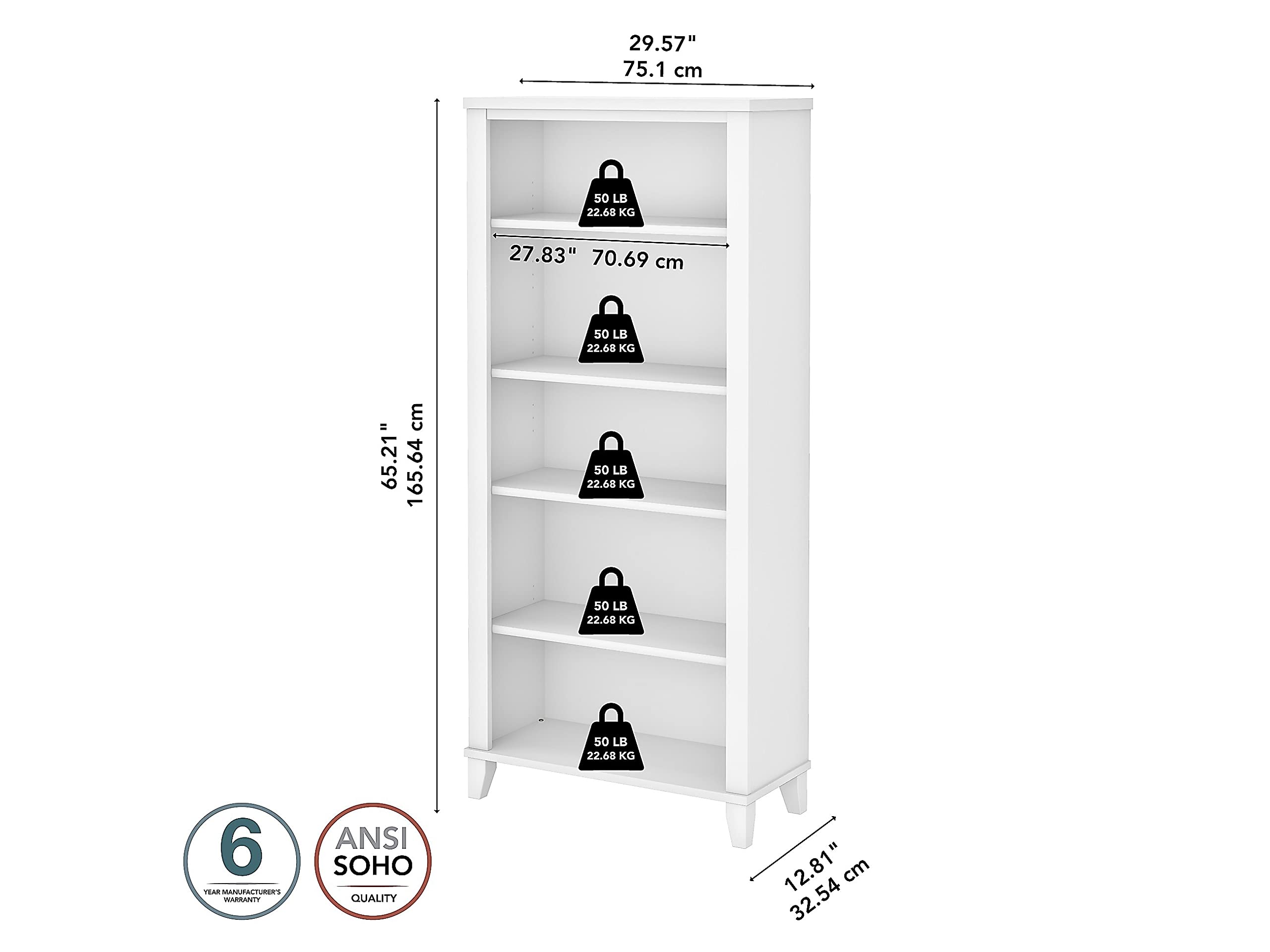 Bush Furniture Somerset Tall 5 Shelf Bookcase in White - Modern Bookshelf for Living Room, Office, Bedroom & Study - Sturdy Storage for Books, Decor & Essentials