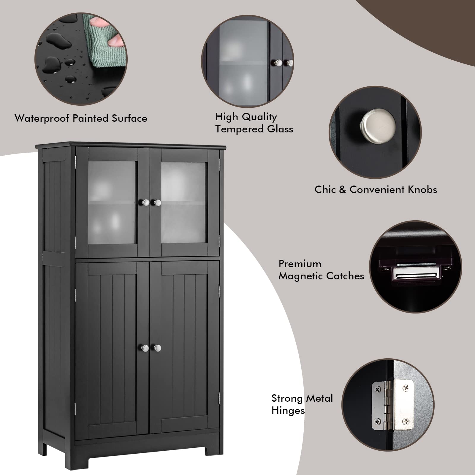 LOKO Wooden Floor Storage Cabinet with Glass Doors & Adjustable Shelf - Bathroom, Kitchen & Living Room Organizer - Perfect for Bath Essentials, Kitchen Supplies & Home Decor (Black)