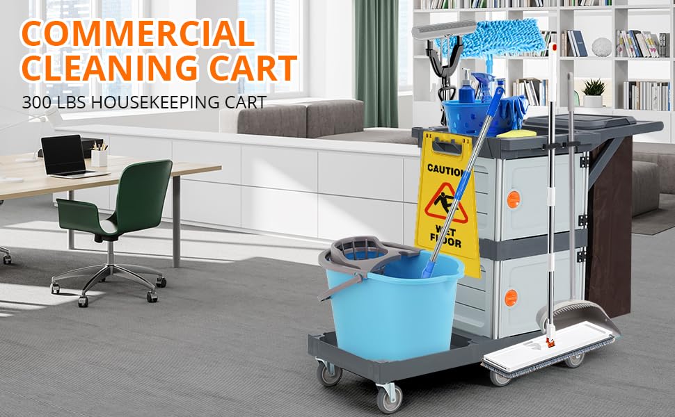 Commercial Janitorial Cart with 2 Cabinets - Heavy Duty Black Housekeeping Caddy with Cover, Shelves & Vinyl Bag | Ideal for Hotels, Hospitals & Office Cleaning