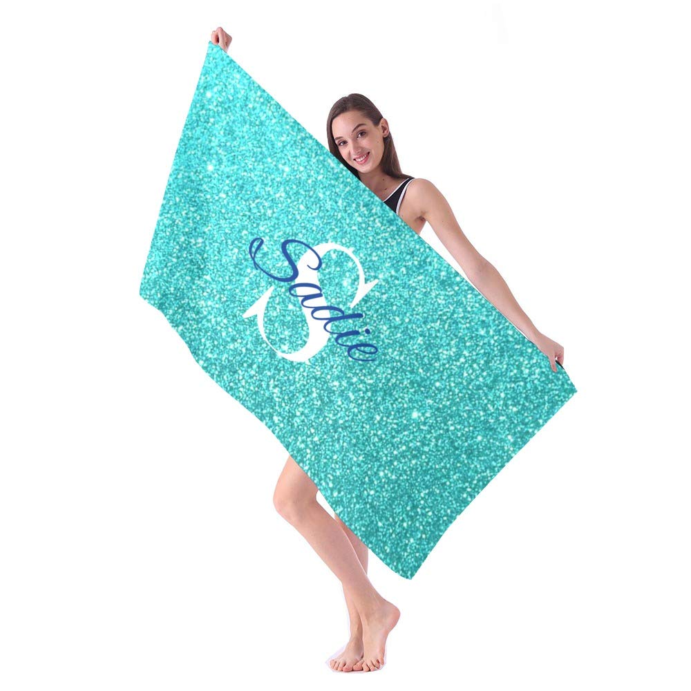 Custom Personalized Beach Towels with Name - Blue Glitter Print Quick Dry Absorbent Sand Proof Microfiber - 30x60 Inch for Pool, Bath & Outdoor Use - Perfect for Kids, Girls, Boys & Adults - Great for Beach Trips, Swimming & Summer Vacations