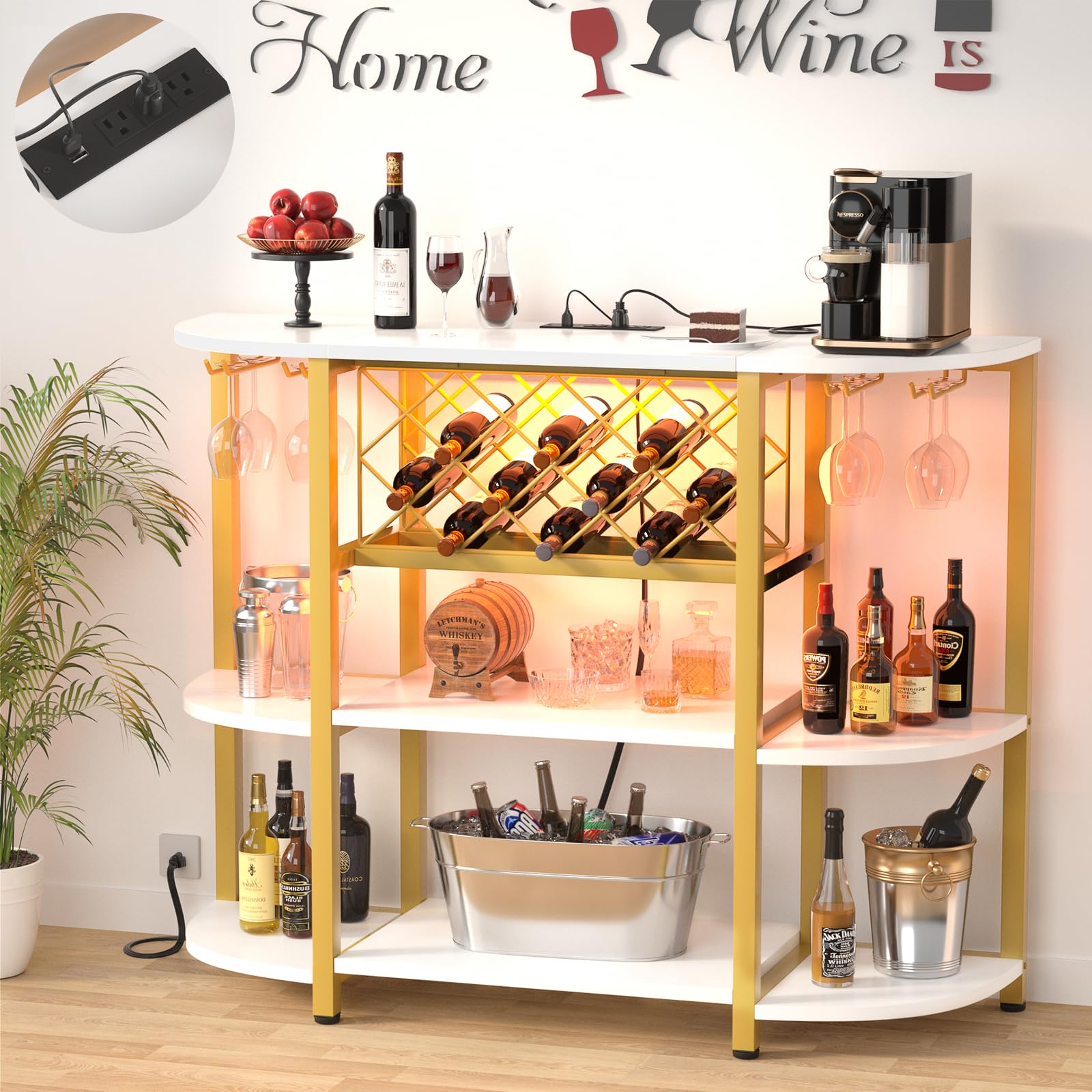 Premium 4-Tier Metal Coffee Bar Cabinet with Power Outlet & LED Lights - Freestanding Kitchen Bar Table with Glass Holder & Wine Storage - Elegant White & Gold Baker's Rack for Dining Room, Living Room & Home Bar Decor