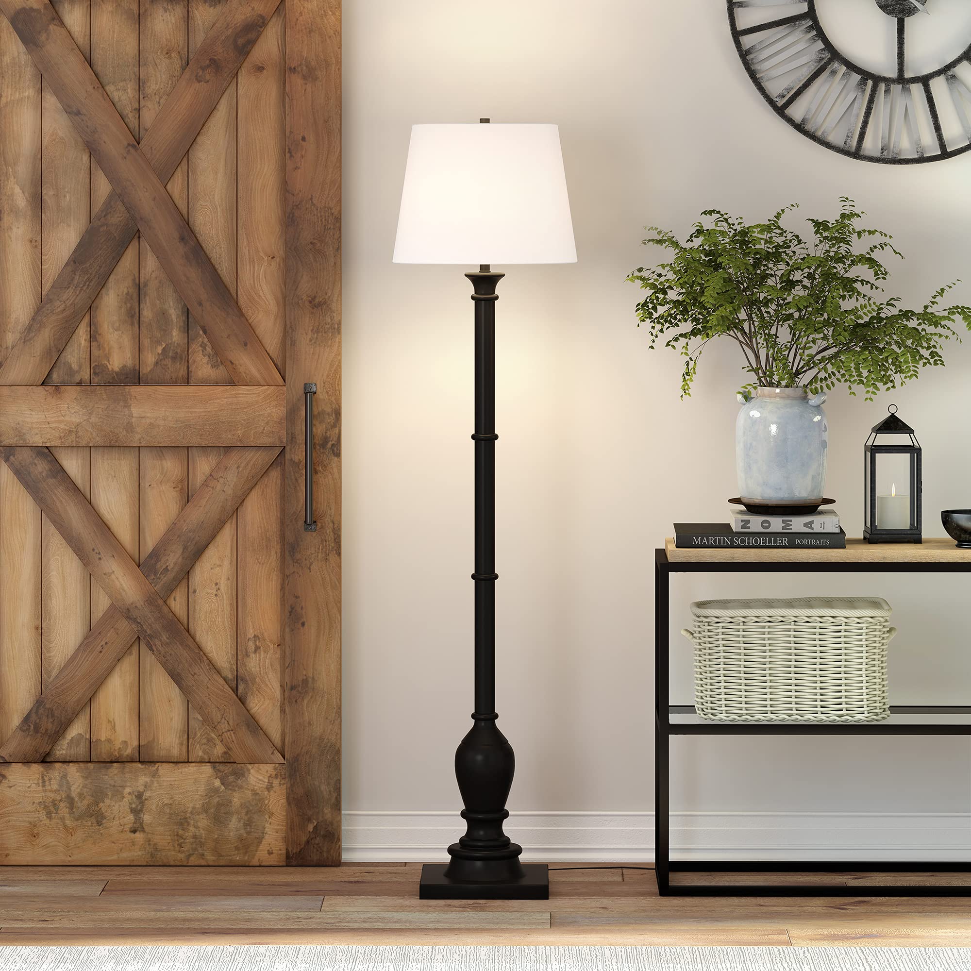 Henn&Hart Farmhouse Floor Lamp with Fabric Shade - Blackened Bronze Finish for Living Room, Bedroom, Office | Rustic Home Decor Lighting for Reading & Relaxation