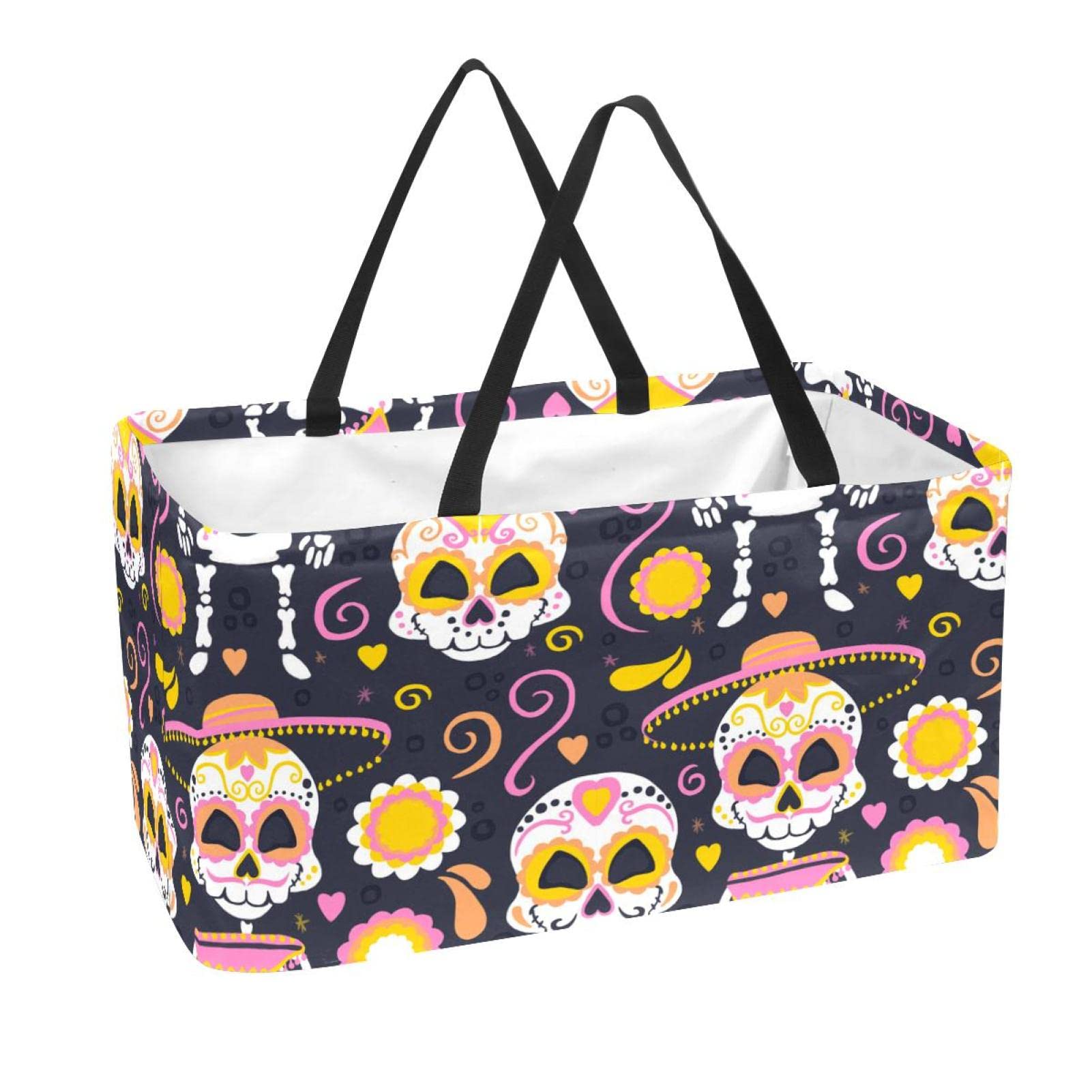 Skull Print Water-Resistant Collapsible Grocery Tote Bag - Heavy Duty Reusable Shopping Basket (22x12.6x11.4 Inches) for Supermarket, Beach & Halloween Shopping