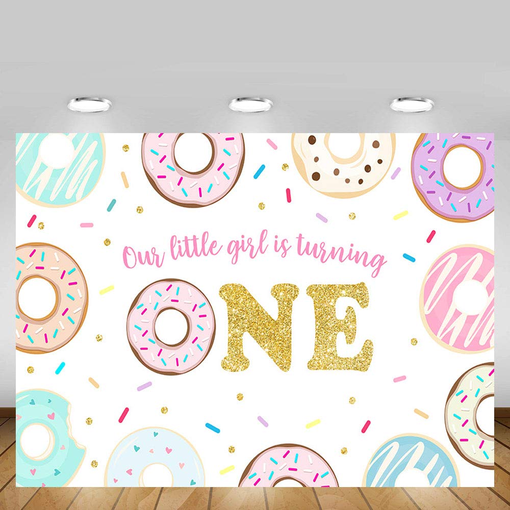 MEHOFOND Pink & Gold Donut Girl 1st Birthday Party Backdrop - 7x5ft Photography Background for Cake Table Decor, Princess Theme, Happy Birthday Banner - Perfect for Photo Studio, Baby Shower, and Birthday Party Decorations