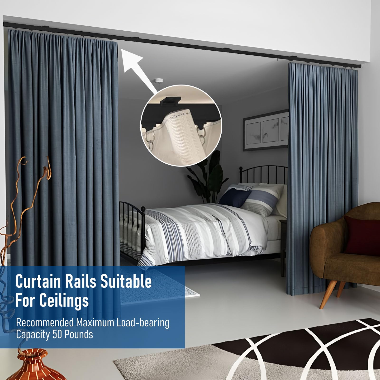 Heavy Duty Ceiling Mounted Curtain Track Rod with Hooks - 6FT Black Room Divider Rail for Living Room, Bedroom, Bathroom | Perfect for Home Partition, Privacy Screens & Window Treatments