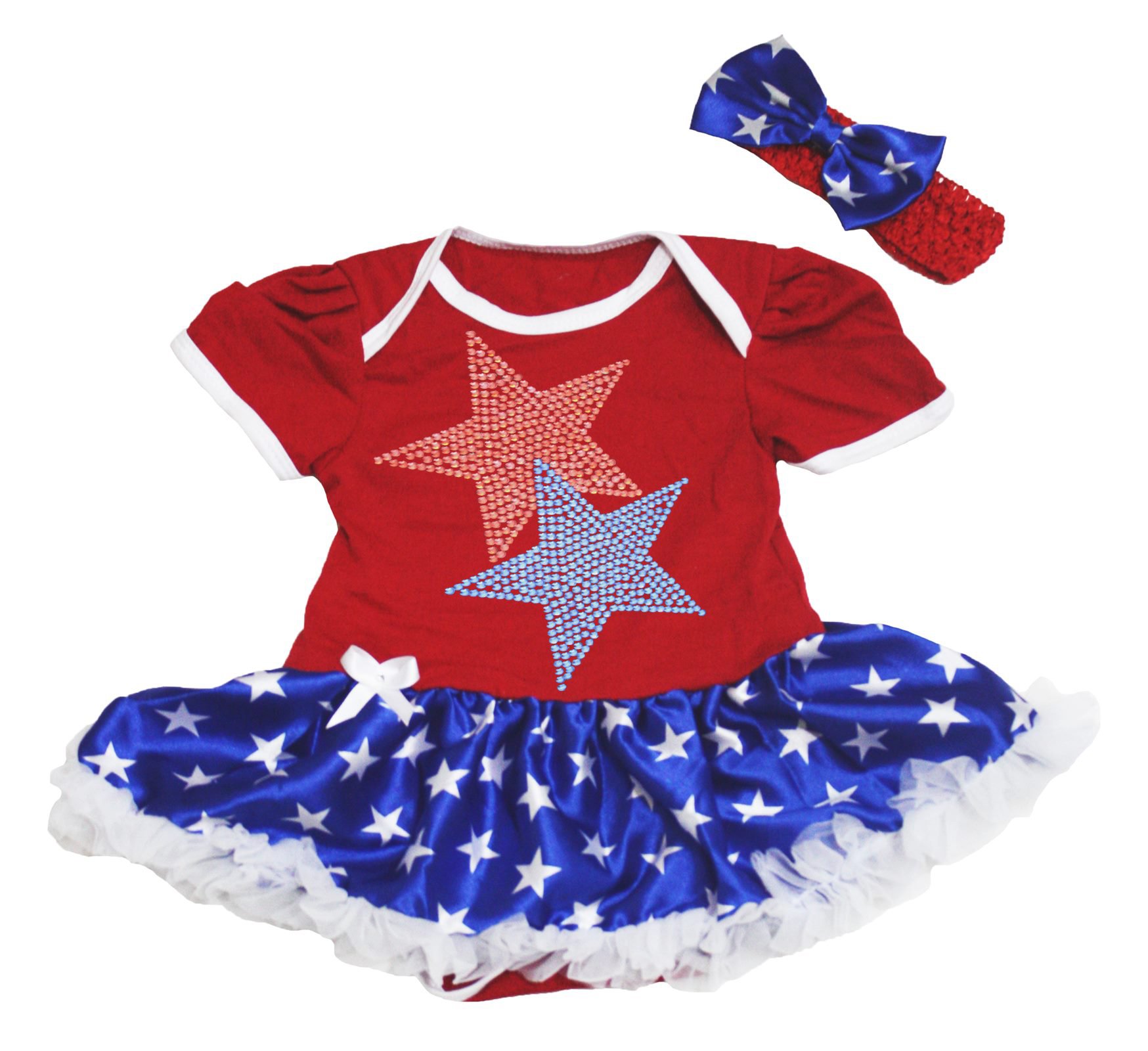 Petitebella Rhinestone Twin Stars Red Bodysuit & Blue Stars Baby Dress for Newborn to 18 Months - Perfect for Photoshoots, Birthday Parties & Special Occasions
