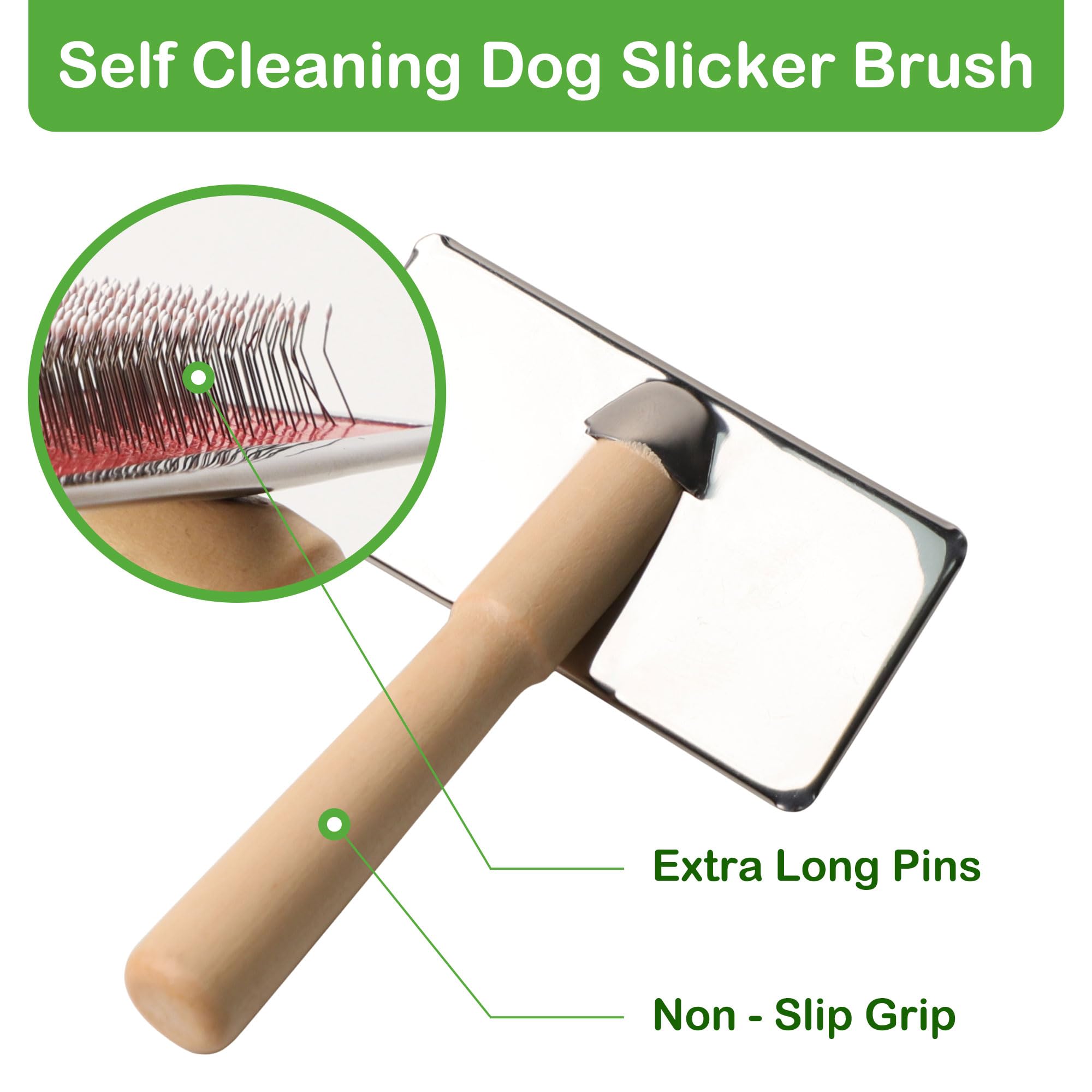 Self Cleaning Dog Slicker Brush with Wooden Handle - Grooming Brush for Long & Short Haired Dogs & Cats - Pet Hair Removal & Shedding Tool (Beige, 1PC) - Perfect for Daily Grooming & Reducing Pet Hair at Home