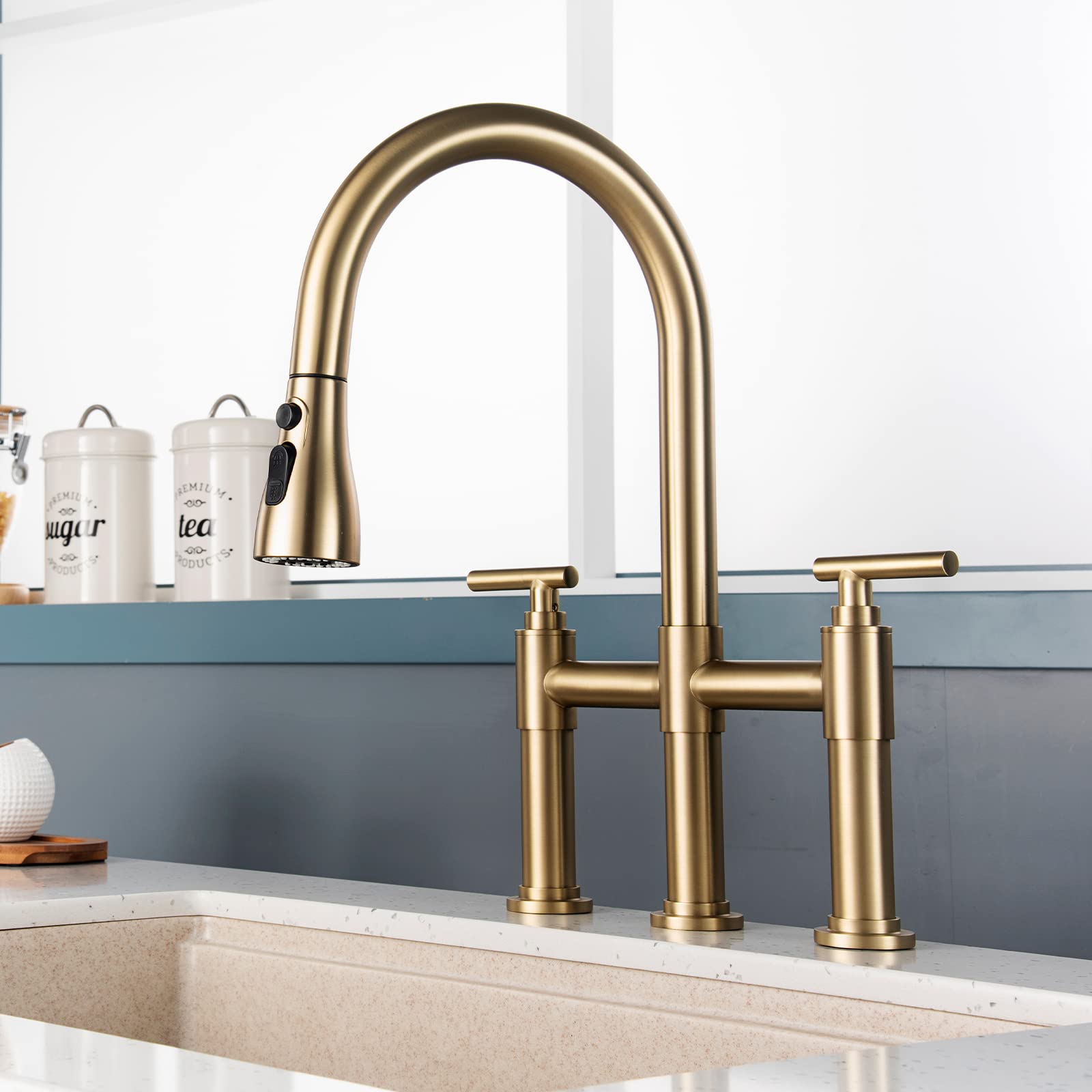 ARRISEA Gold Bridge Kitchen Faucet with 3 Mode Pull-Down Sprayer - 2 Handle 8 Inch Faucet for Kitchen Sinks - 3 Hole Mount, Fingerprint Resistant Spot Free Finish (Model BL-BKF-15108BG) - Perfect for Modern Farmhouse & Luxury Kitchen Designs