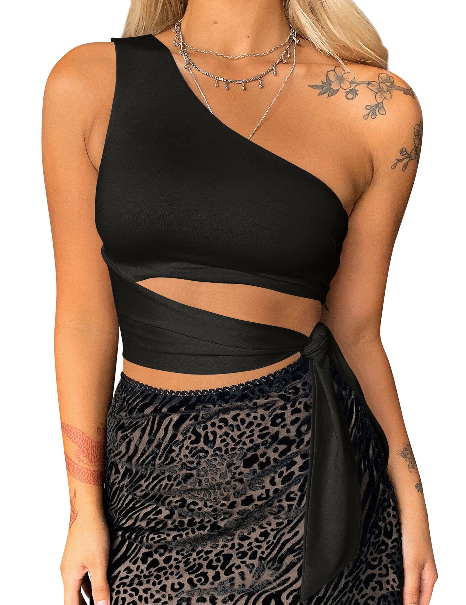 HOCILLE Women's Sexy Sleeveless One Shoulder Cutout Tie Up Crop Tank Top - Summer Beach Party Clubwear & Casual Outfit
