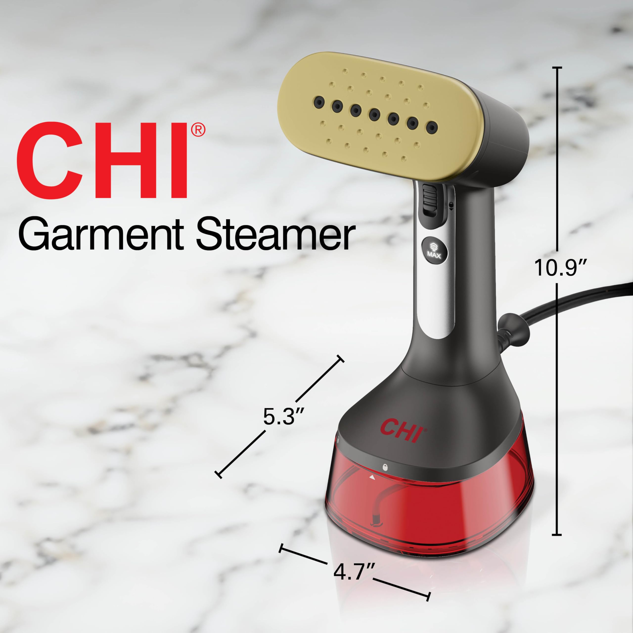 CHI Handheld Garment Steamer for Clothes - 1600W Portable Fabric Steamer with 300ml Large Water Tank, 2 Steam Modes & Ergonomic Handle - Perfect for Travel, Home Use & Wrinkle Removal - 10ft Power Cord, Red (Model 11590)