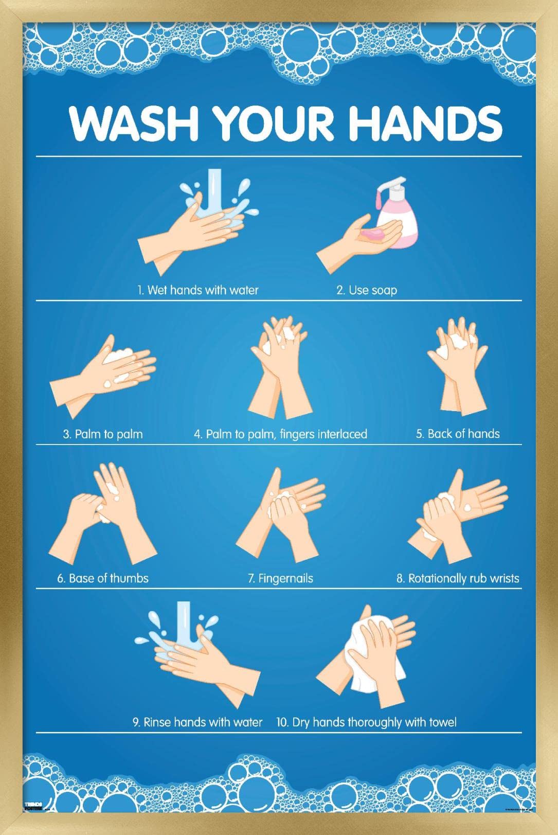 Trends International Wash Your Hands Wall Poster - 22.375 x 34 Inches Gold Framed Motivational Sign - Perfect for Bathroom, Kitchen, Office & School Decor