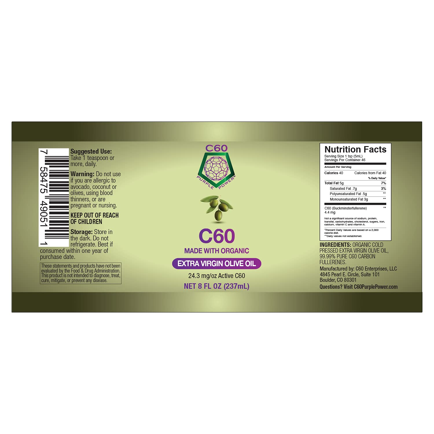Organic C60 Purple Power Extra Virgin Olive Oil (8 Fl Oz) - 99.99% Pure Carbon 60 Antioxidant Supplement - Third-Party Tested for Purity & Quality - USA Made - Supports Cellular Health & Anti-Aging - Perfect for Daily Wellness Routine & Immune Boost