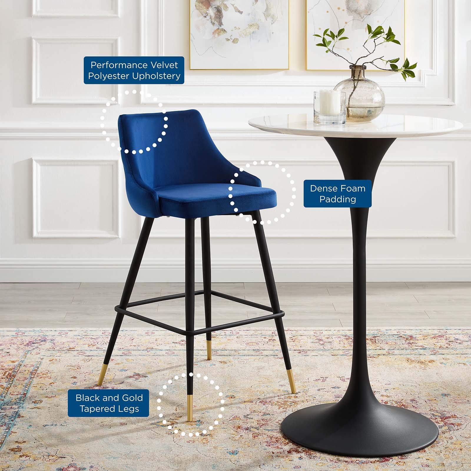 Modway Adorn Performance Velvet Bar Stool - Navy Blue Velvet Upholstered Counter Height Stool with Metal Base for Kitchen Island, Bar & Dining Room - Set of 1
