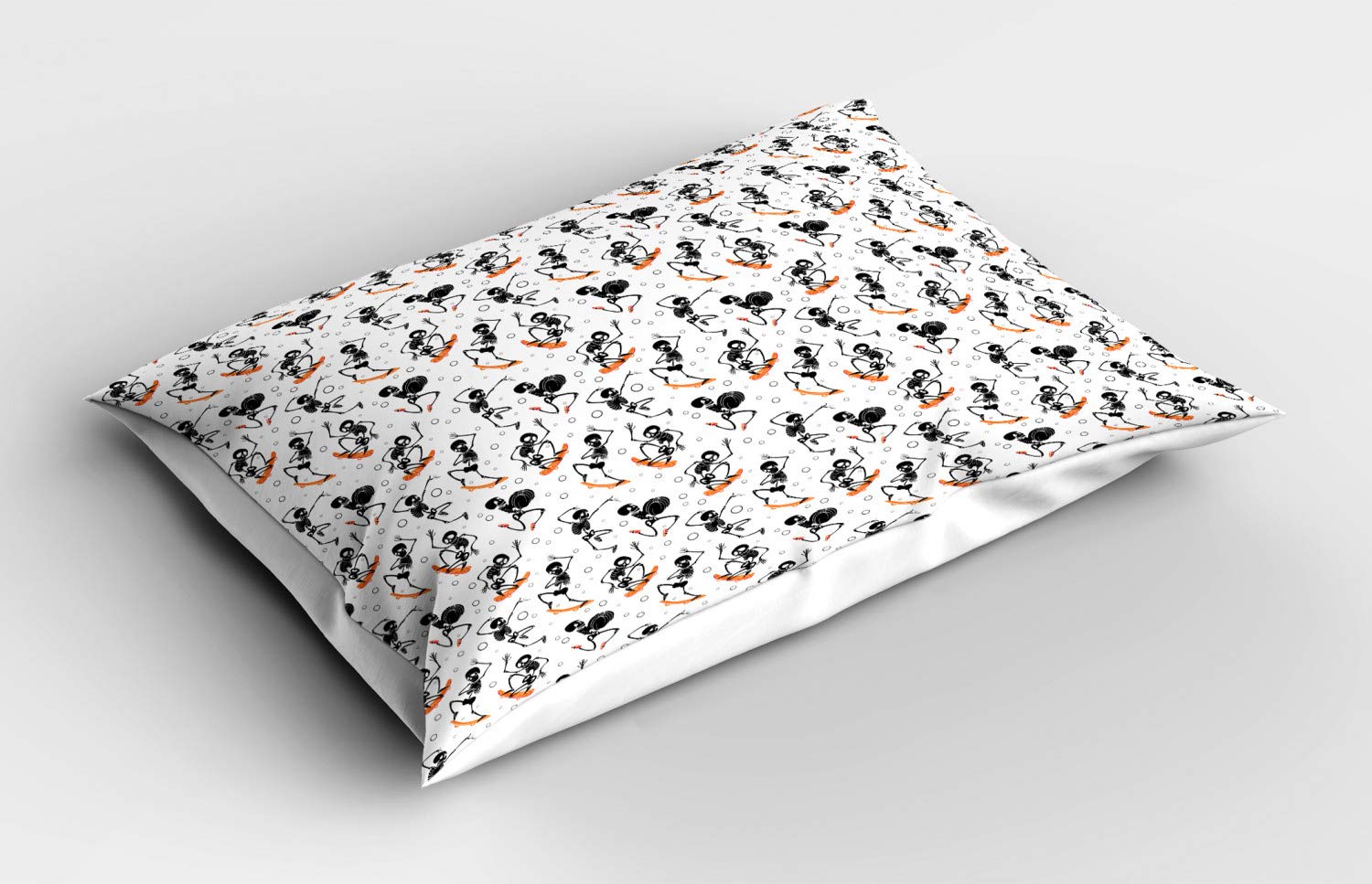 Ambesonne Skeleton Pillow Sham - Whimsical Skateboarding Skeleton with Bubbles Print, Decorative Standard Size 26x20 Inch, Charcoal Grey White & Orange - Perfect for Halloween Decor, Gothic Home Accents & Unique Gift Ideas