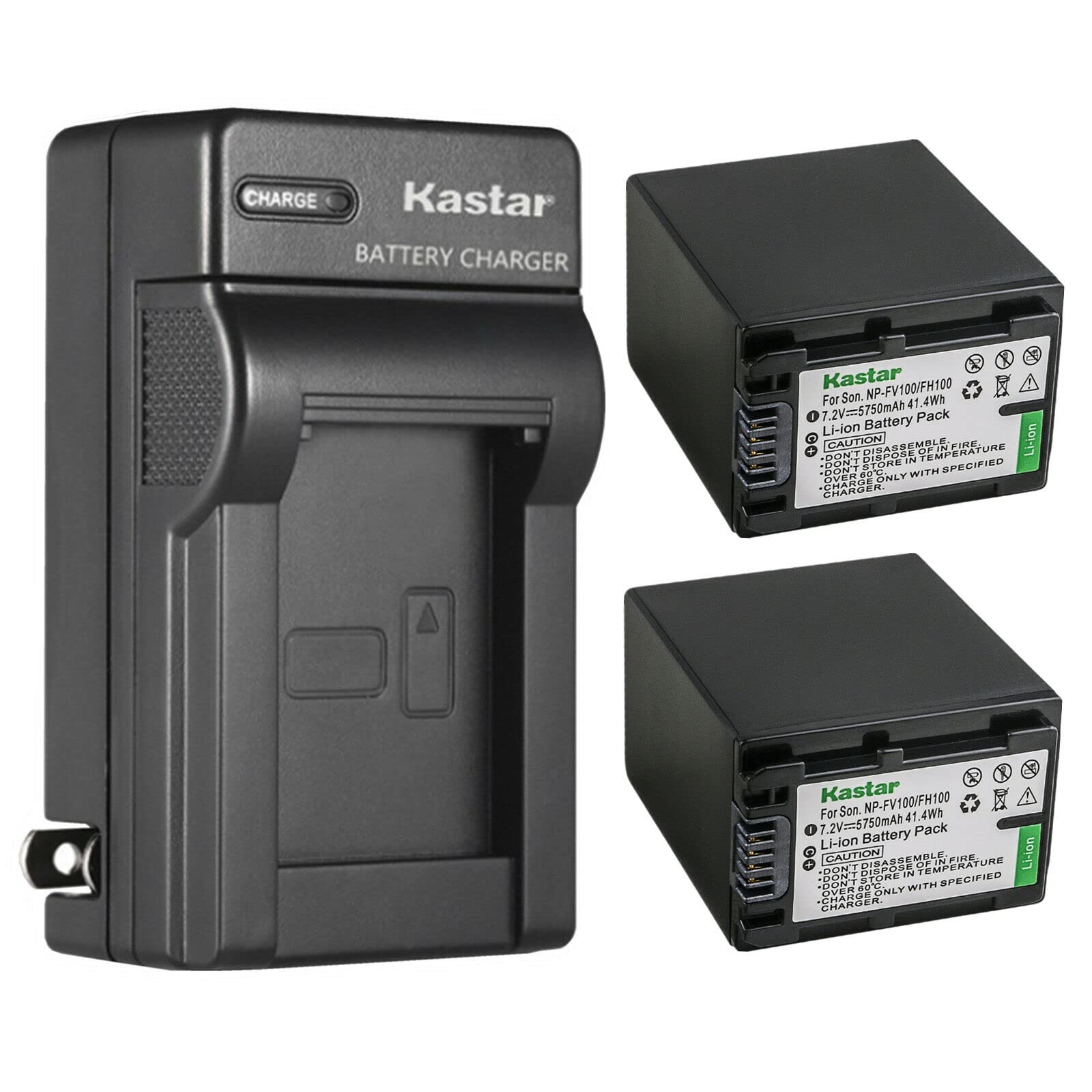 Kastar 2-Pack NP-FV100 Replacement Battery & AC Wall Charger for Sony Camcorders - Compatible with HXR-MC50, HXR-MC88, HXR-NX30, HXR-NX70, HXR-NX80, PXW-Z90V, PXW-X70, DCR-PJ5, DCR-SR10, DCR-SR15, DCR-SR20, DCR-SR21 - Perfect for Travel, Vlogging & Professional Video Recording