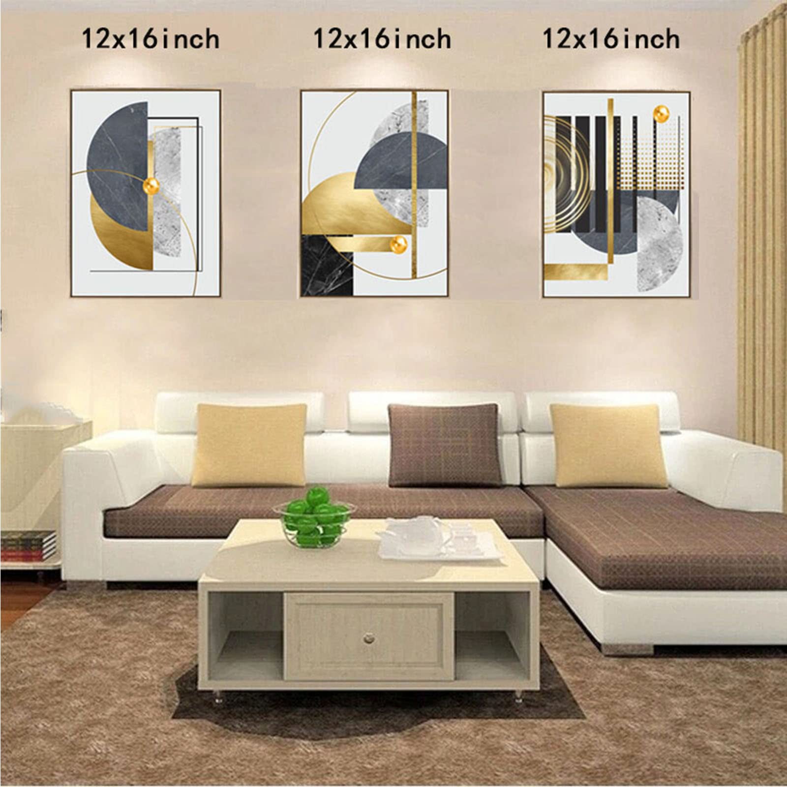 3Pcs Gold Canvas Wall Art Decor - Nordic Luxury Geometric Abstract Grey Black and Gold Framed Painting Poster Print (12x16 Inch) for Living Room, Bedroom & Dining Room - Elegant Marble Wall Art for Home & Office Decor