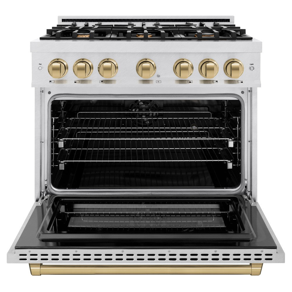 ZLINE Autograph Edition 36 Inch Dual Fuel Range - 5.2 Cu. Ft. Capacity, 6 Burner Gas Cooktop & Electric Convection Oven - Satin Stainless Steel with Champagne Bronze Accents (HDRSZ 36 CB) - Perfect for Gourmet Kitchens & Professional Style Cooking