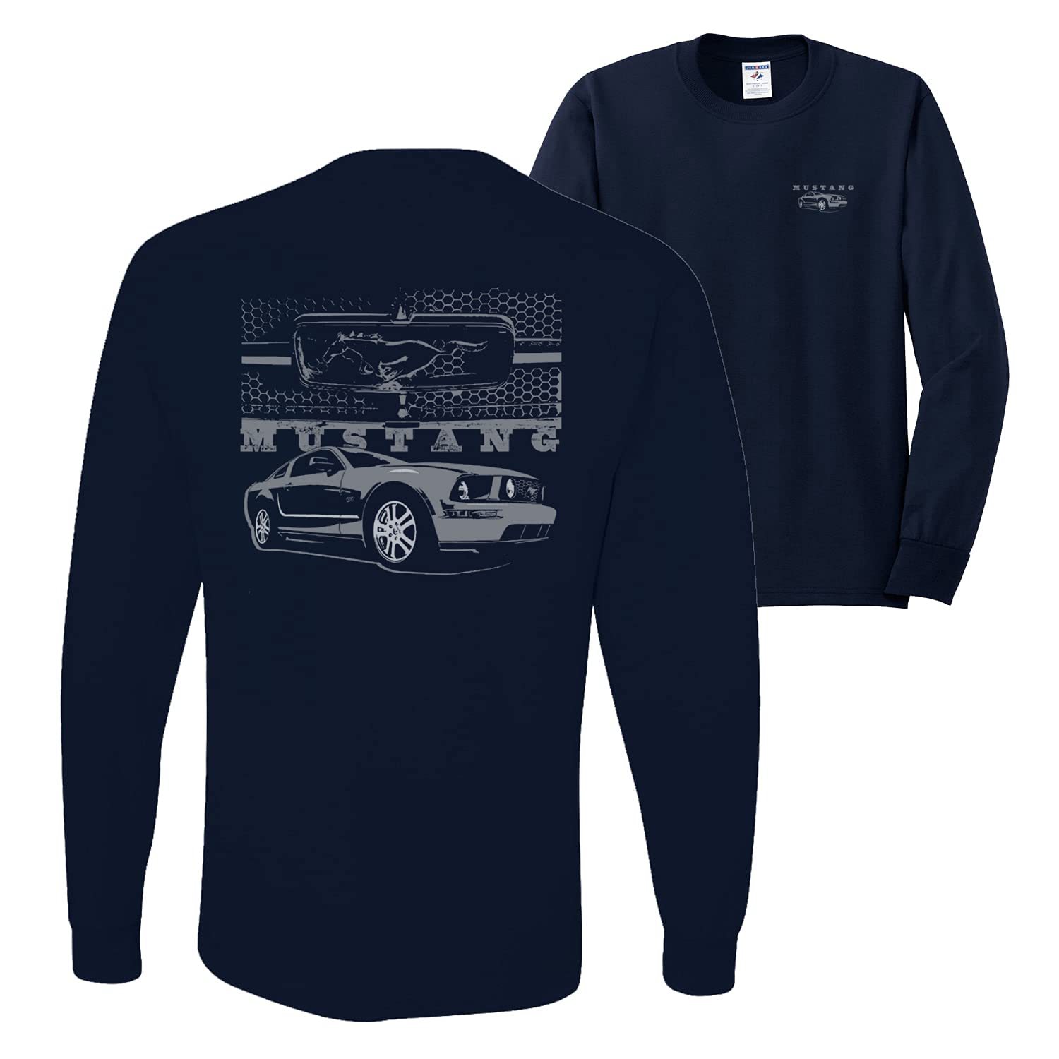 Vintage Distressed Ford Mustang Front Grill Graphic Print Men's Long Sleeve T-Shirt - Classic Muscle Car Enthusiast Apparel for Casual Wear & Car Show Events