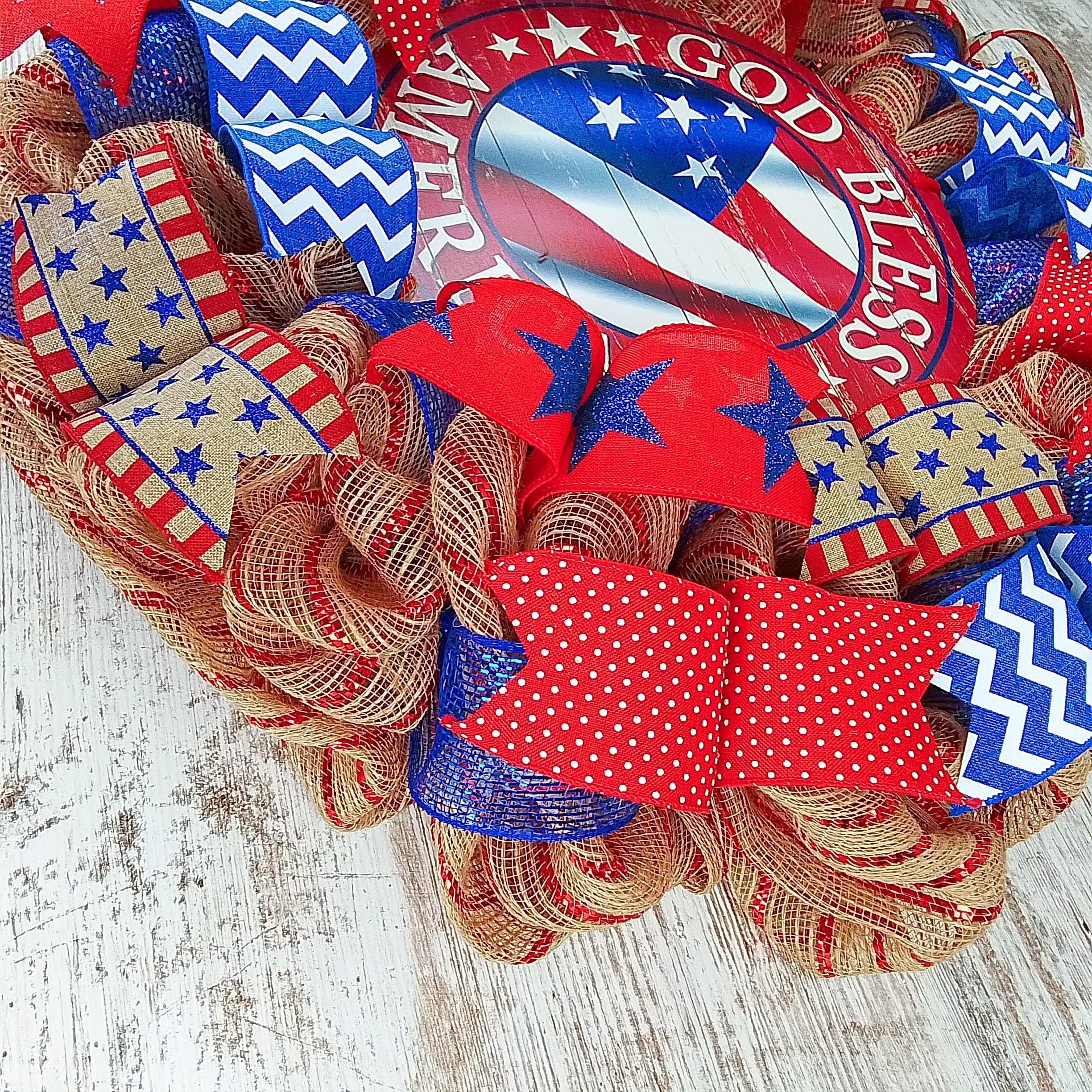 God Bless America Patriotic Wreath - Red White Blue Burlap Wreath for Front Door - Perfect for 4th of July Decorations, Memorial Day, Veterans Day & American Holidays
