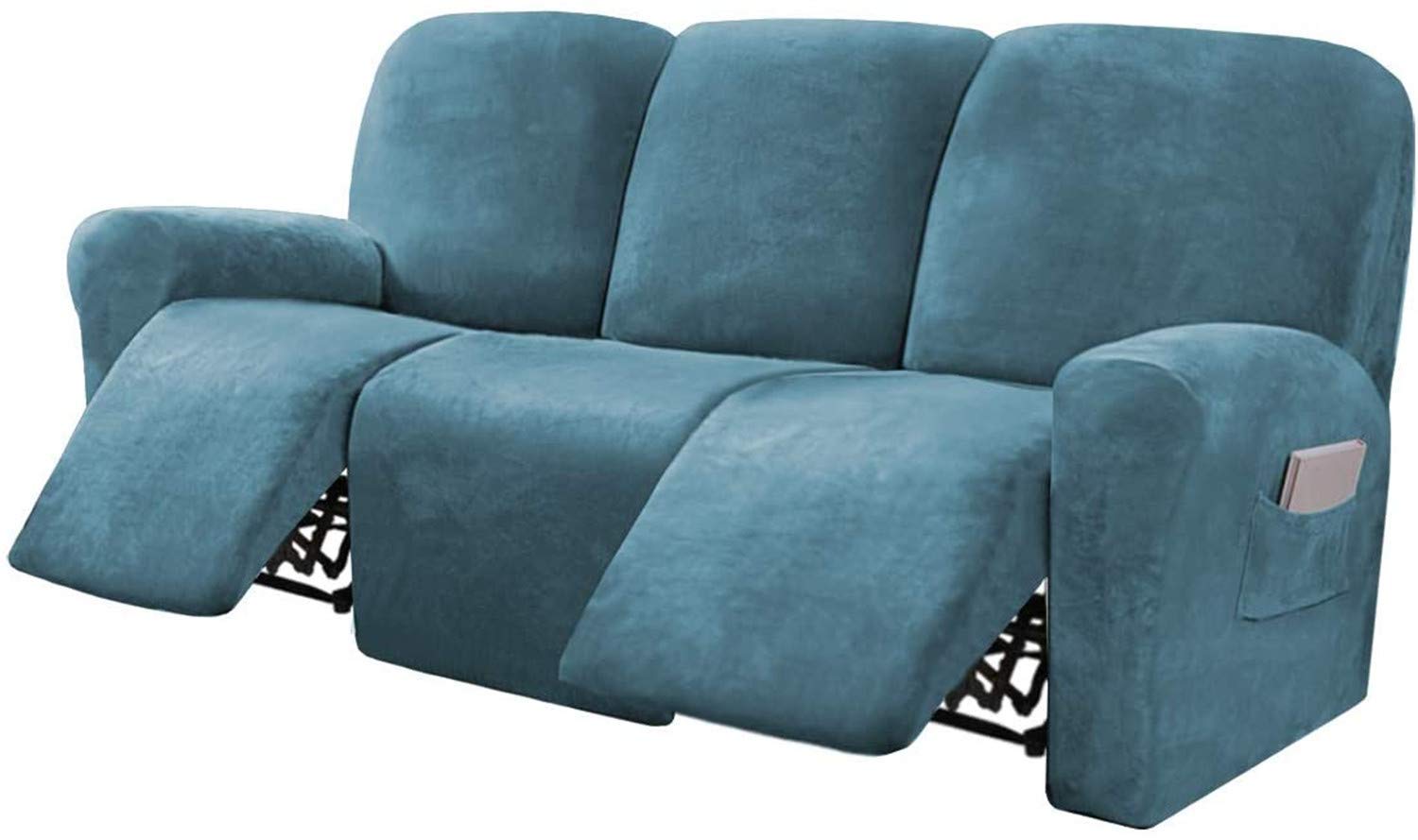 8-Piece Stretch Velvet Recliner Sofa Cover Set - Soft Thick Form-Fitted Couch Covers for 3-Seater Reclining Sofas with Side Pockets (Peacock Blue) - Perfect for Living Room, Home Theater & Family Room Furniture Protection